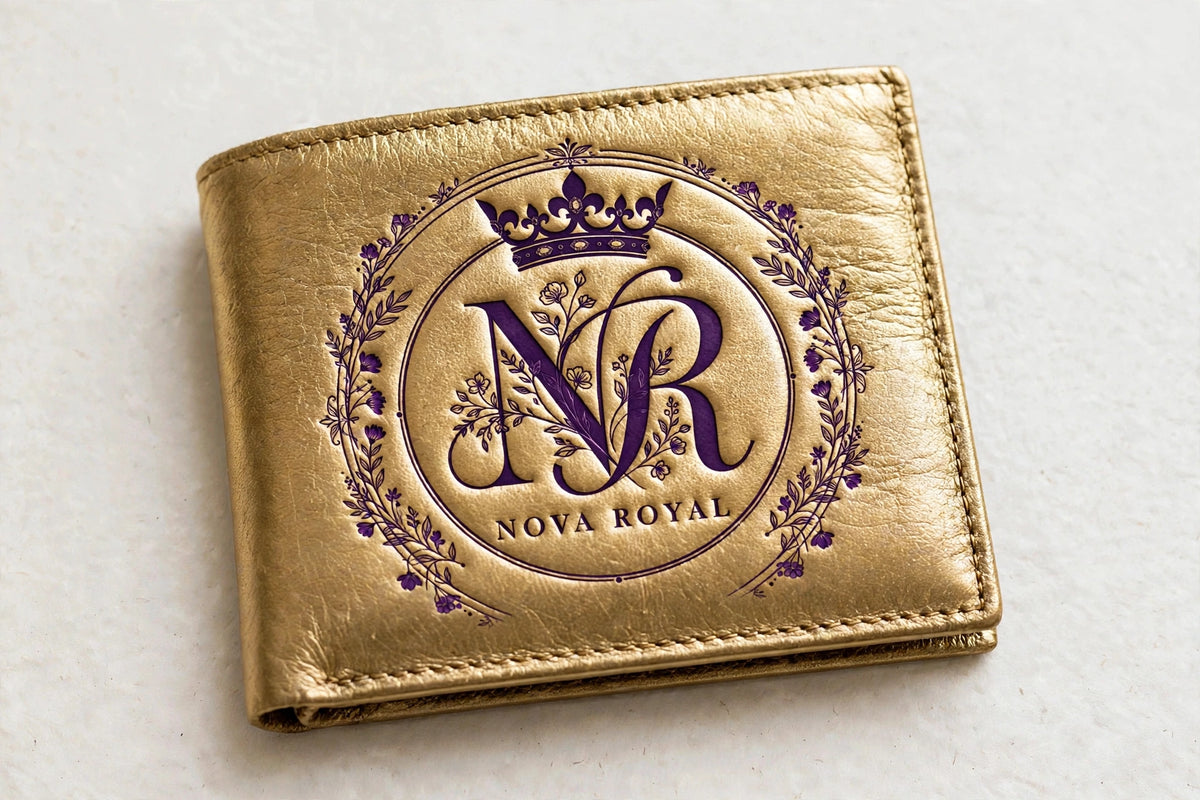 Nova Royal Logo Wallet in Gold - classic men's bifold with the big deep purple NR crown logo emblem in the center of the front