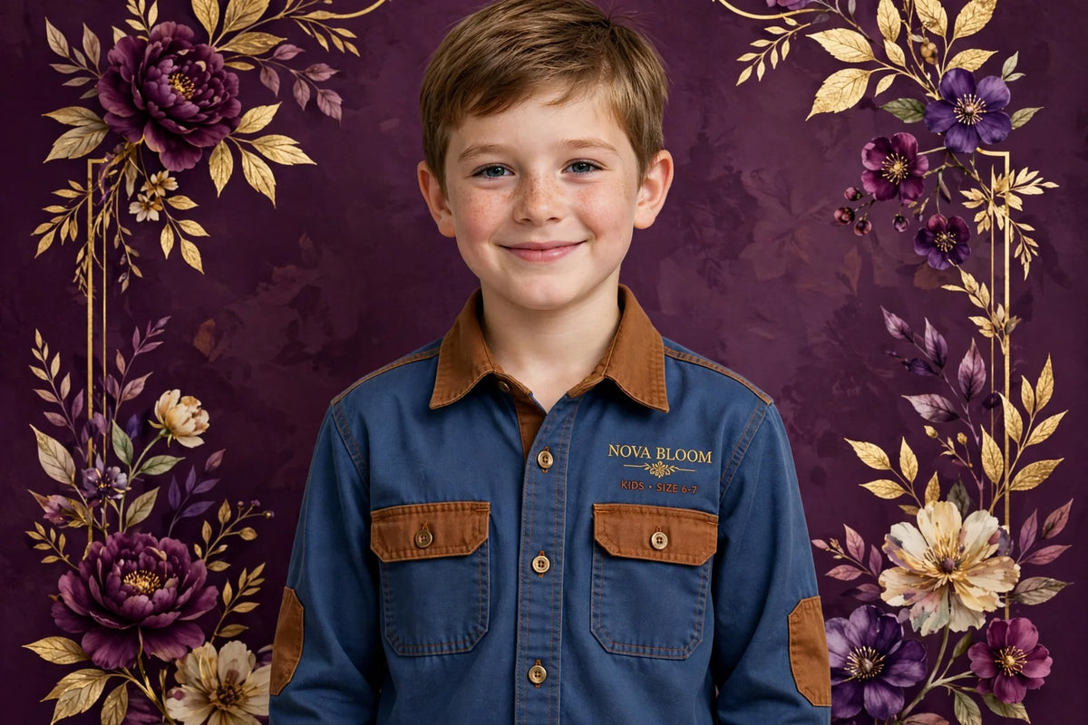Boy wearing Blue Kids Chestnut Brown Canvas Work Shirt