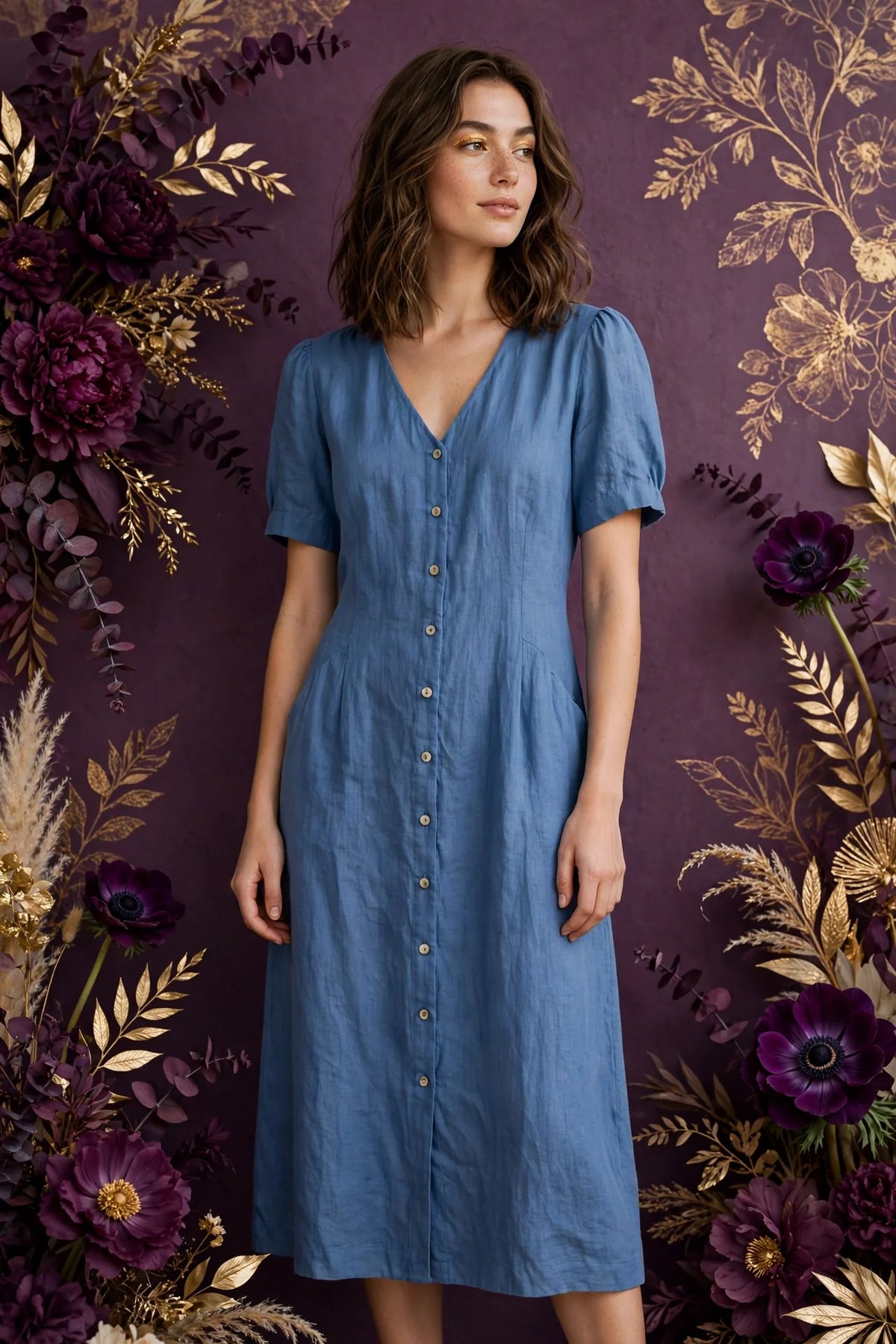 Person wearing Blue Linen Midi Dress