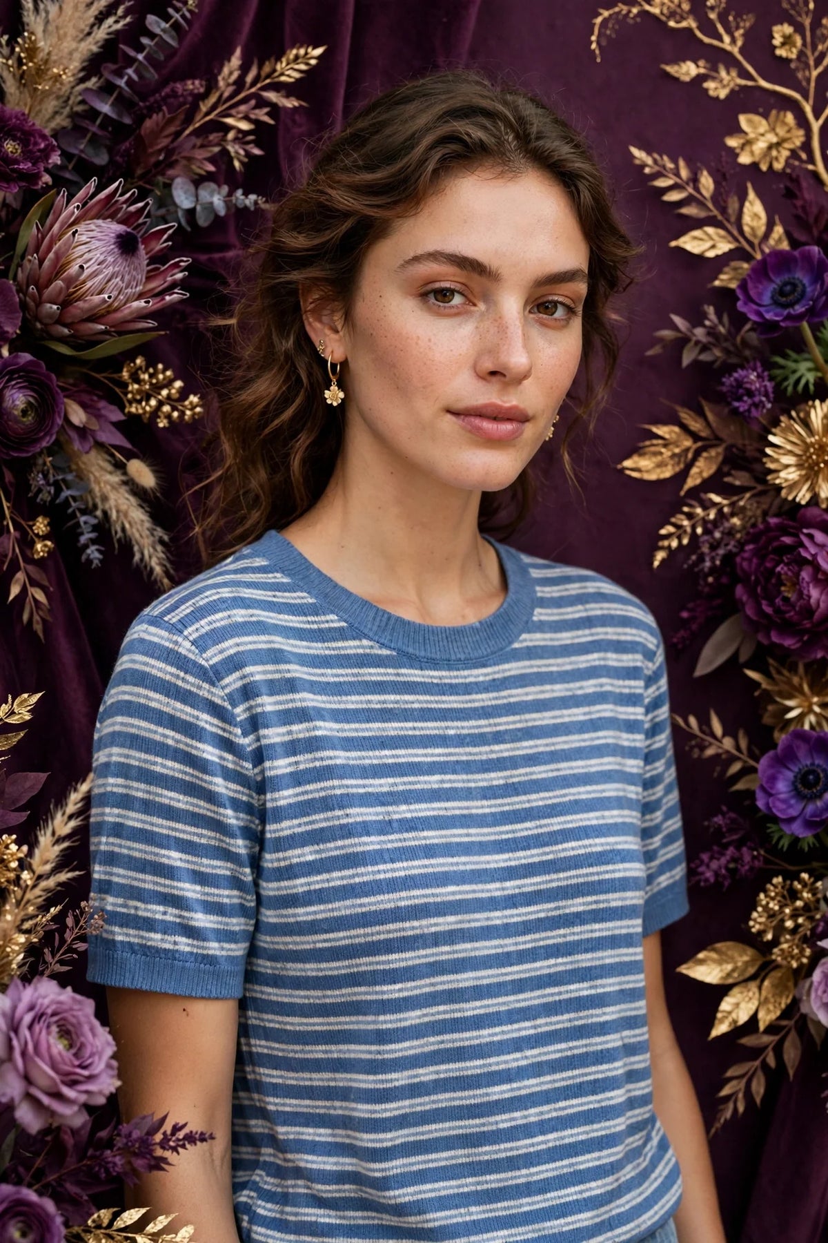 Person wearing Blue Casual Striped Knit Top