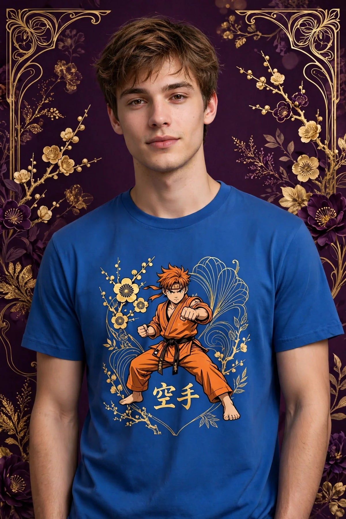 Person wearing Blue Anime Orange Gi Martial Artist T-Shirt