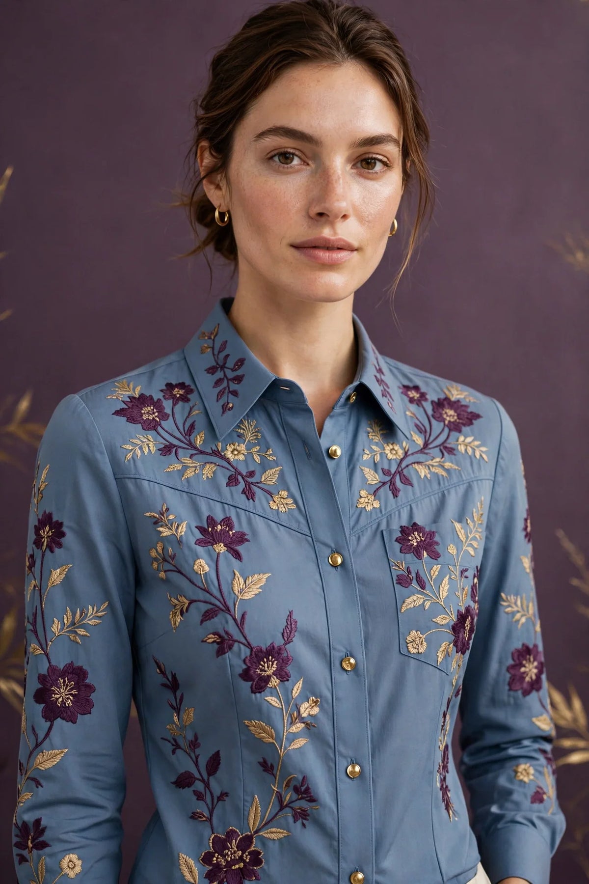 Person wearing Blue Warm sand tailored blouse