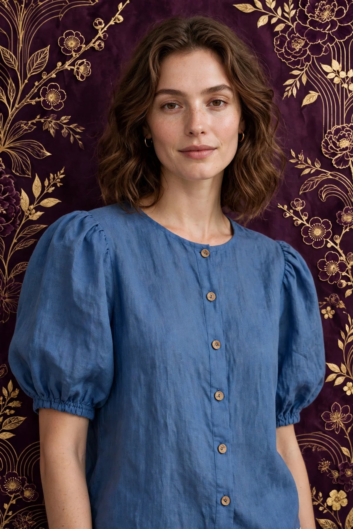 Person wearing Blue Puff Sleeve Linen Blend Top