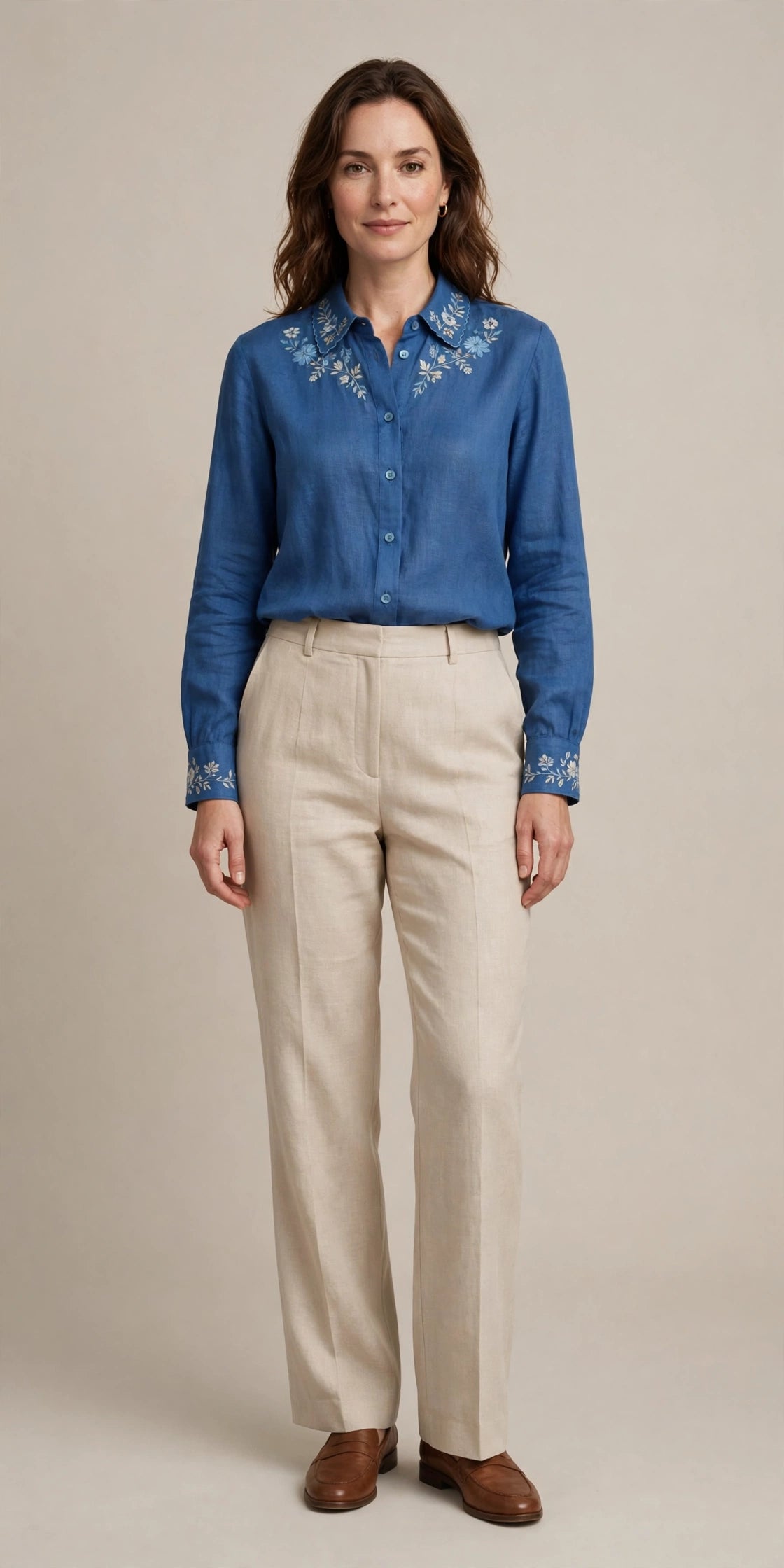 Woman wearing Blue Beige Linen Blouse