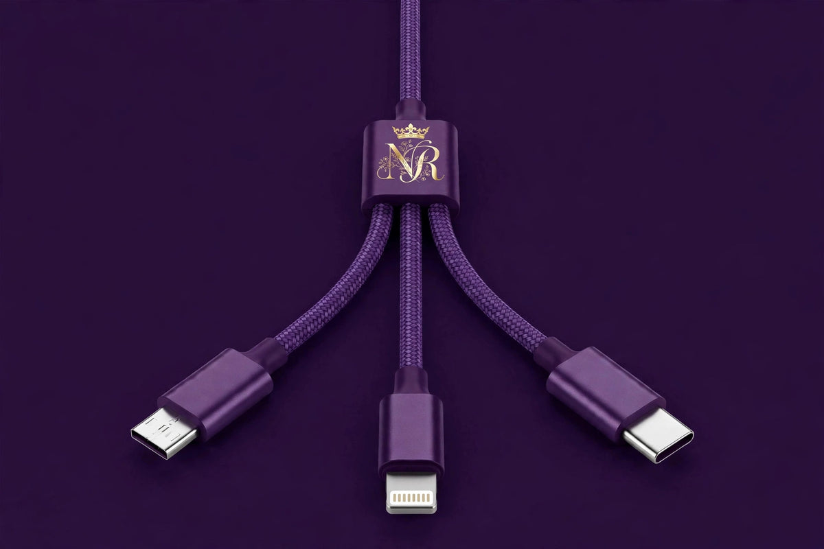 Nova Royal 3-in-1 Charging Cable (USB-C / Lightning / Micro) in Purple with gold Nova Royal NR logo