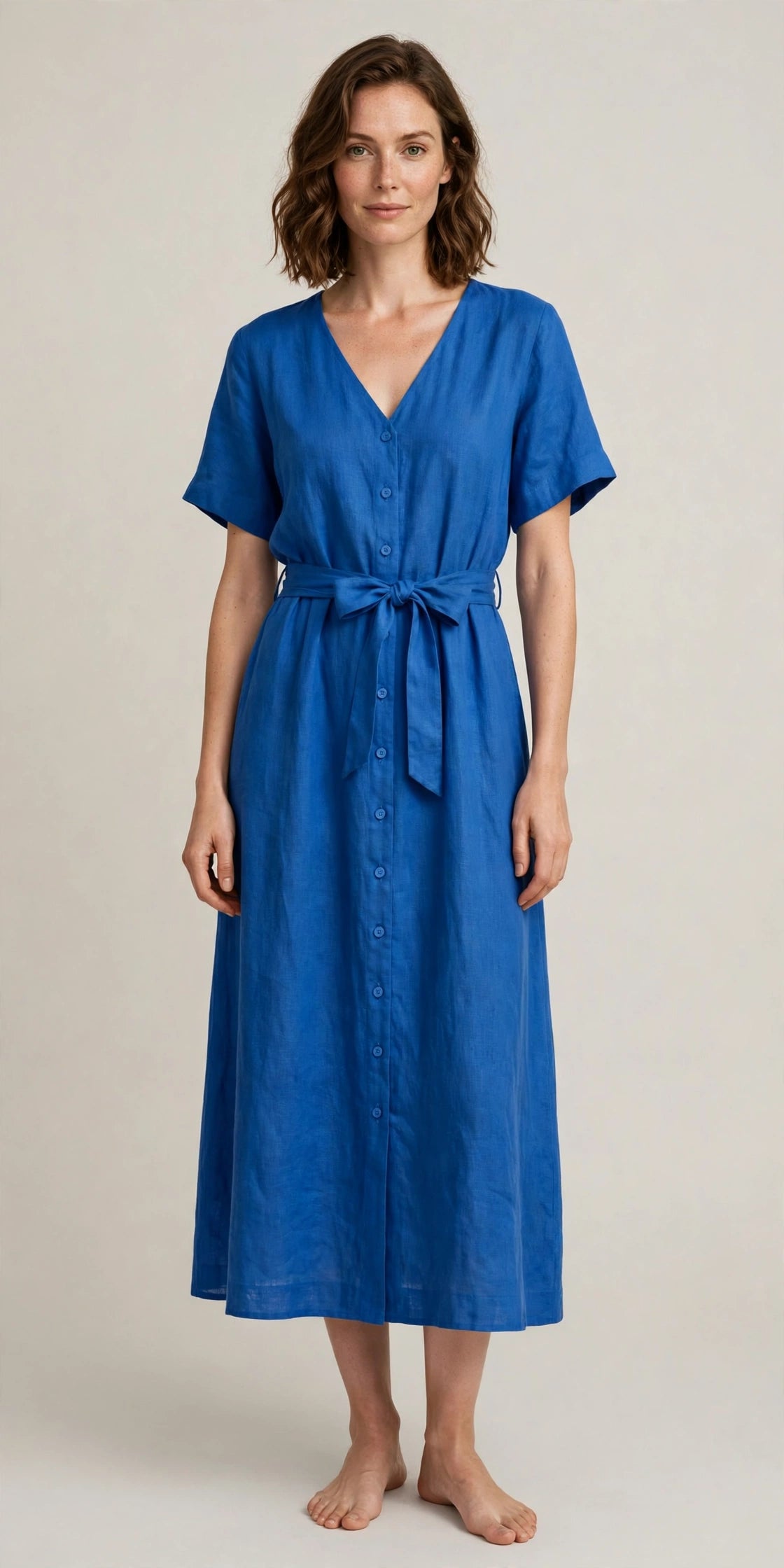 Woman wearing Blue Warm Grey Linen Dress