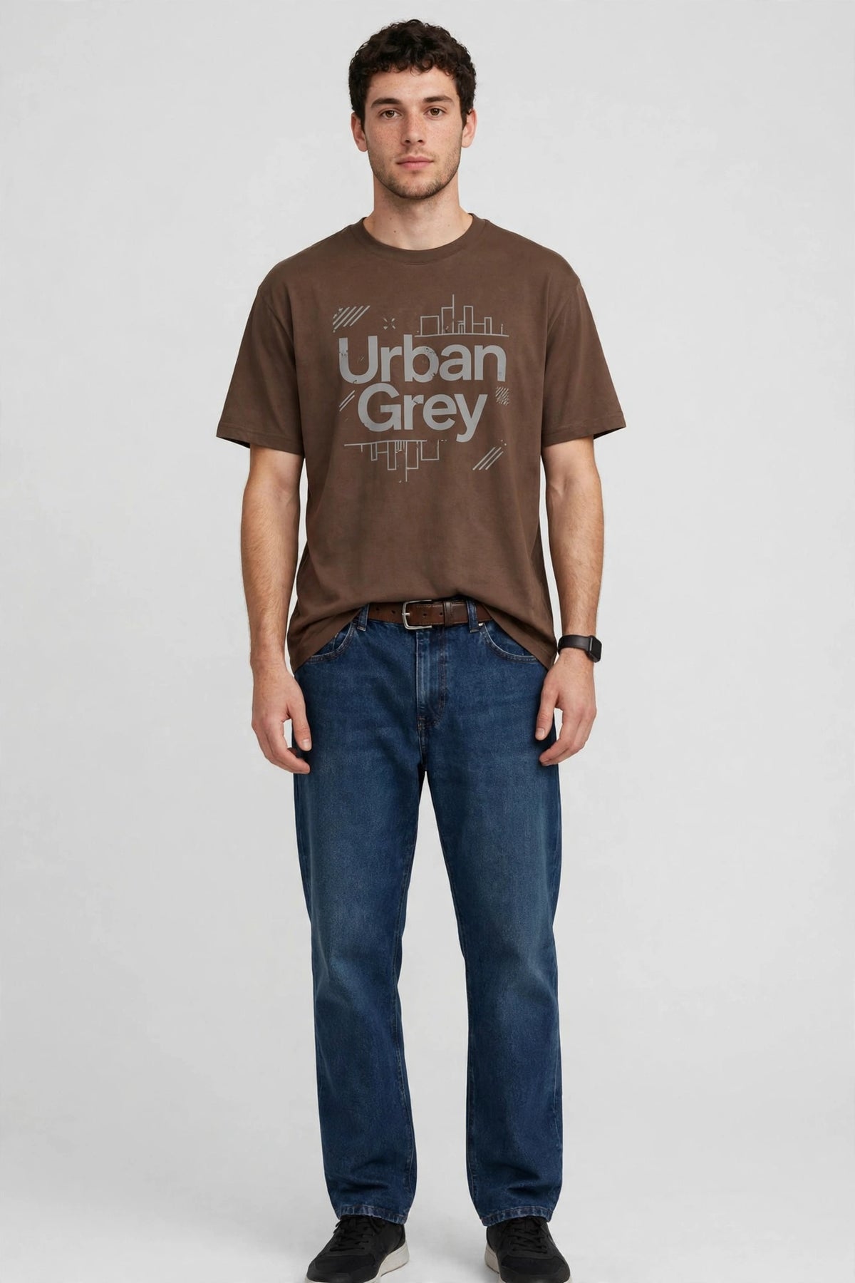 Man wearing Brown Paper White relaxed-fit t-shirt with Urban Grey print
