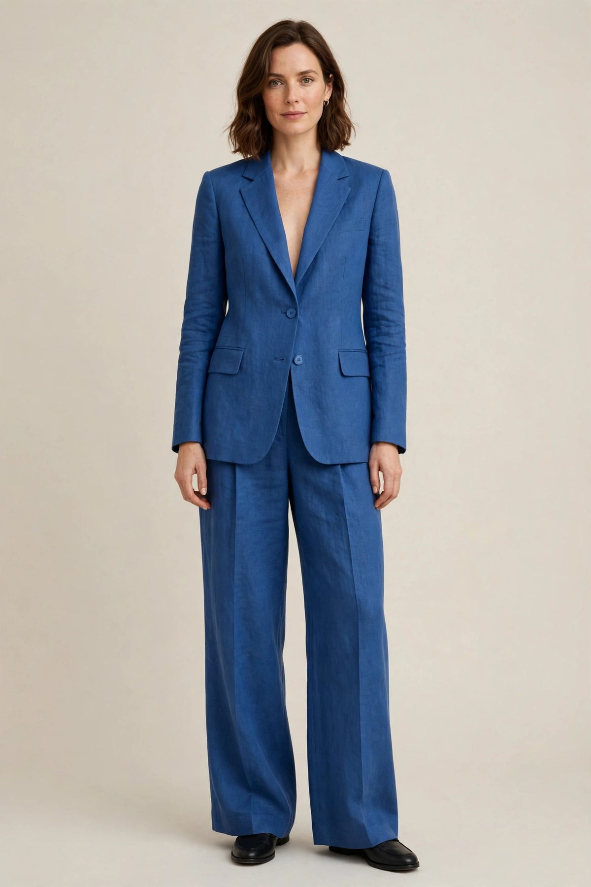 Woman wearing Blue Tailored Linen Set in Midnight Brown