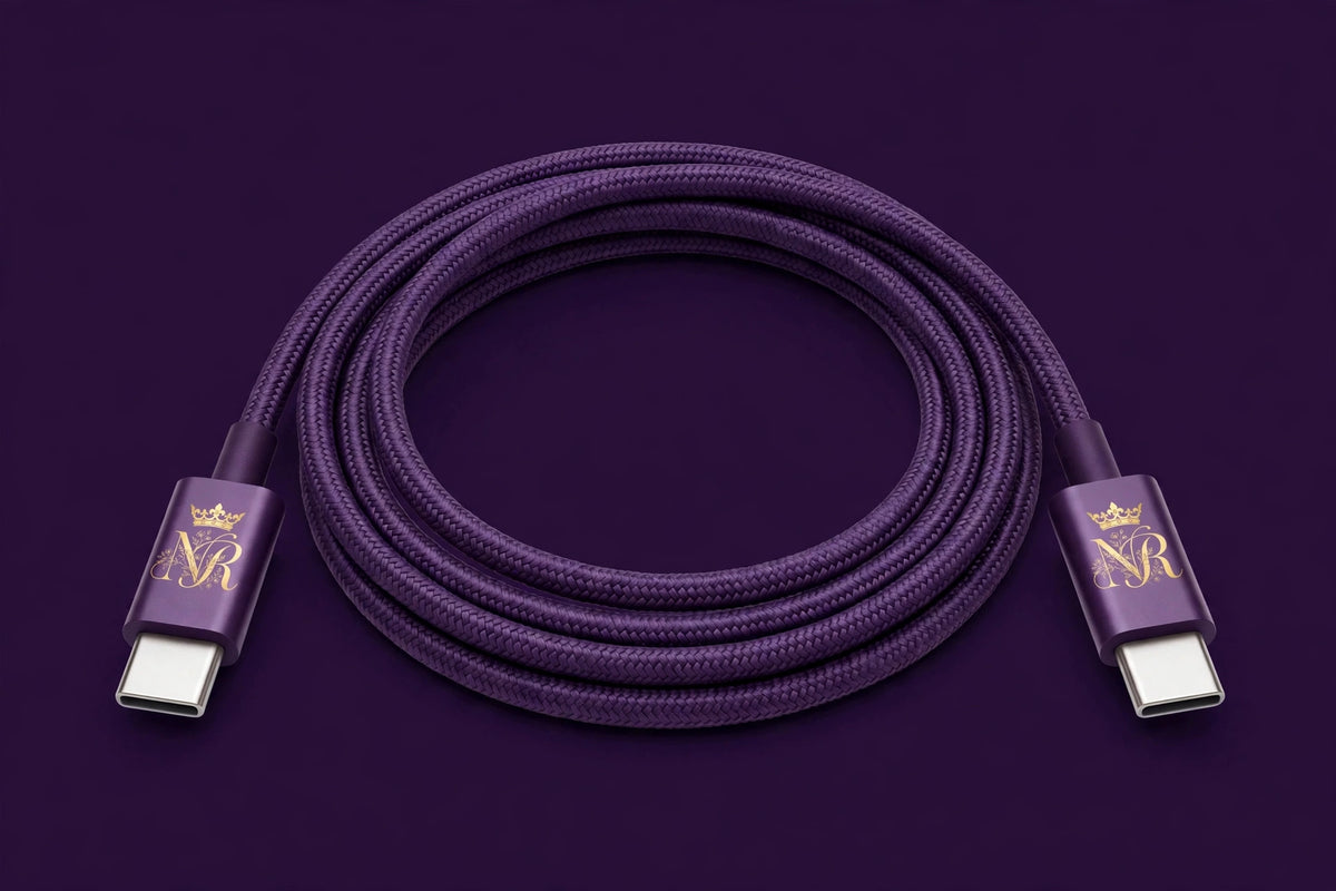 Nova Royal Braided USB-C Charging Cable in Purple with gold Nova Royal NR logo