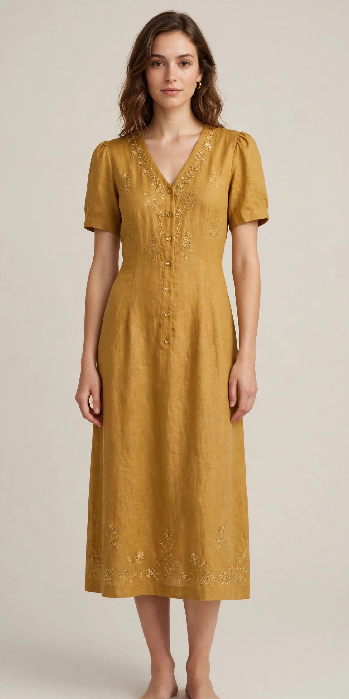 Woman wearing Gold Purple Linen Midi Dress