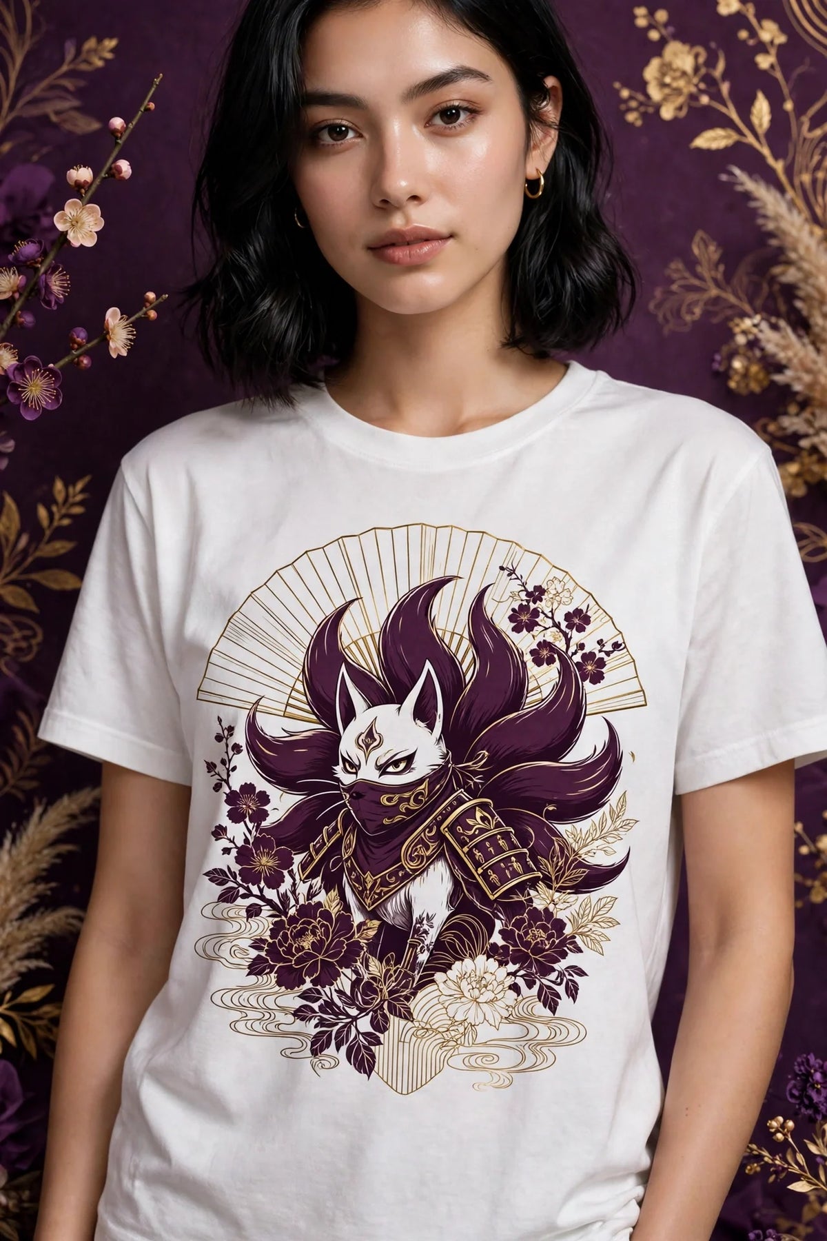 Person wearing White Anime Ninja Fox Spirit T-Shirt