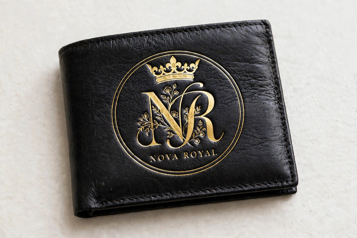 Nova Royal Logo Wallet in Black - classic men's bifold with the big gold NR crown logo emblem in the center of the front