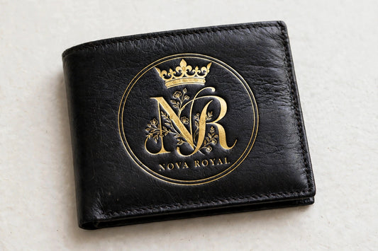 Nova Royal Logo Wallet in Black - classic men's bifold with the big gold NR crown logo emblem in the center of the front