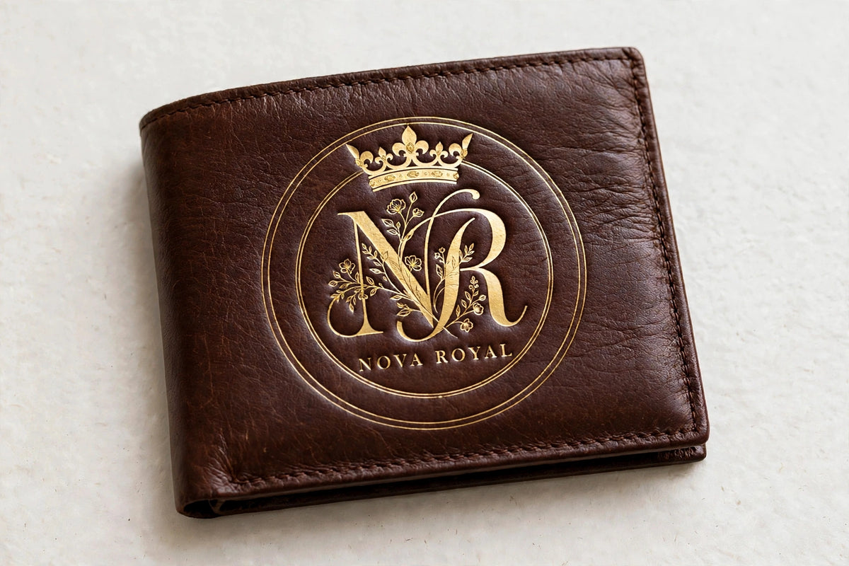 Nova Royal Logo Wallet in Brown - classic men's bifold with the big gold NR crown logo emblem in the center of the front