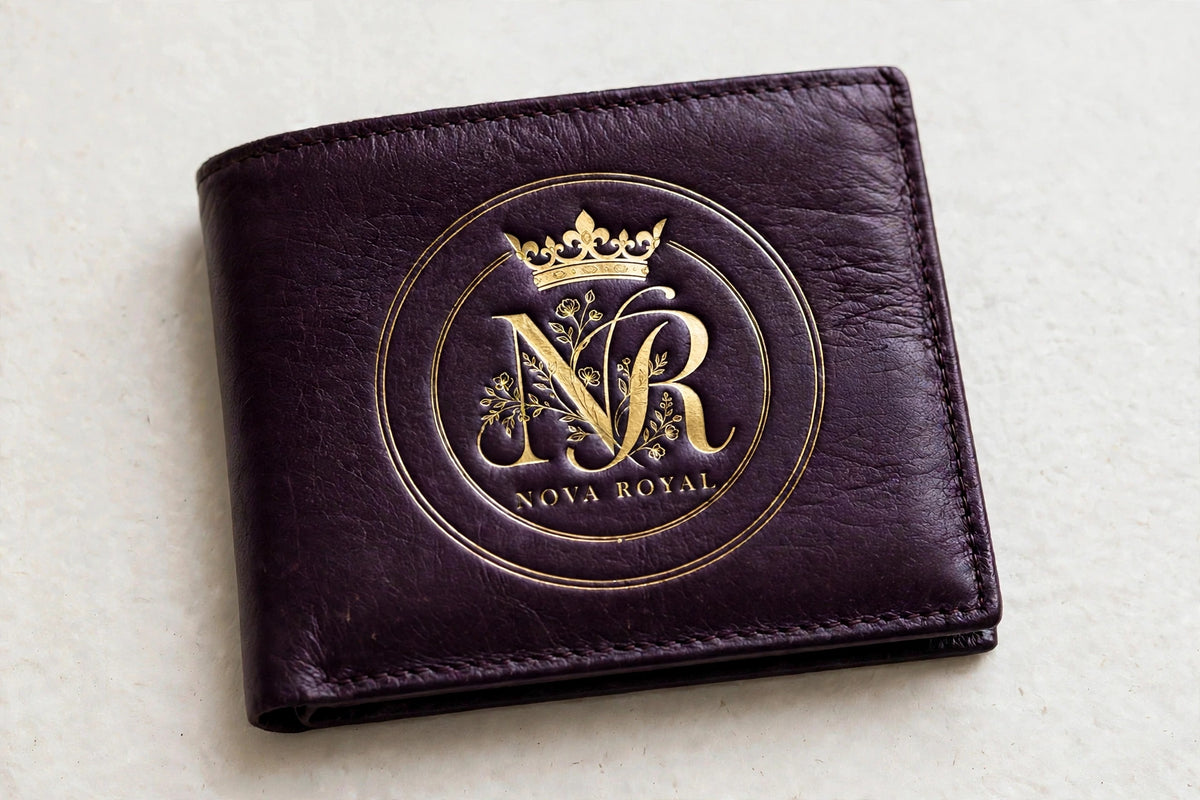Nova Royal Logo Wallet in Purple - classic men's bifold with the big gold NR crown logo emblem in the center of the front