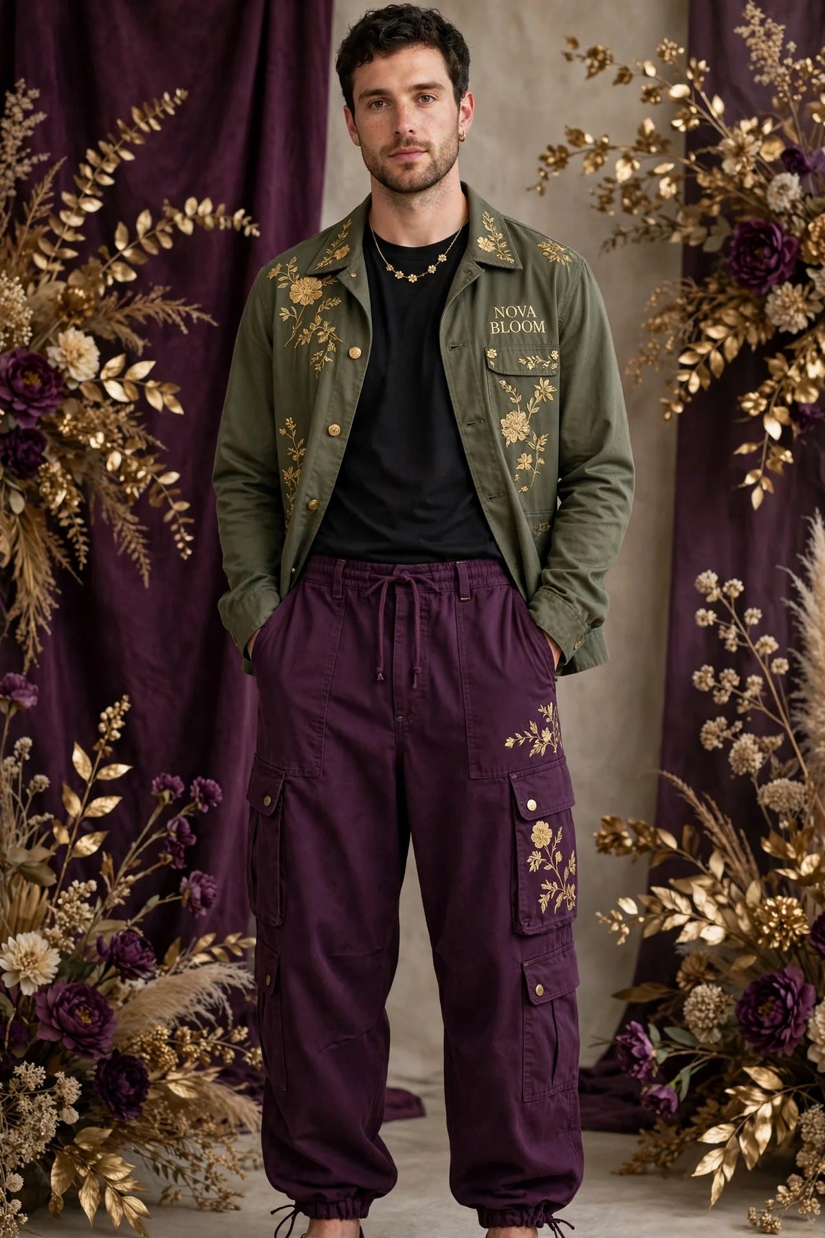 Man wearing Purple Men's Baggy Cargo Pants