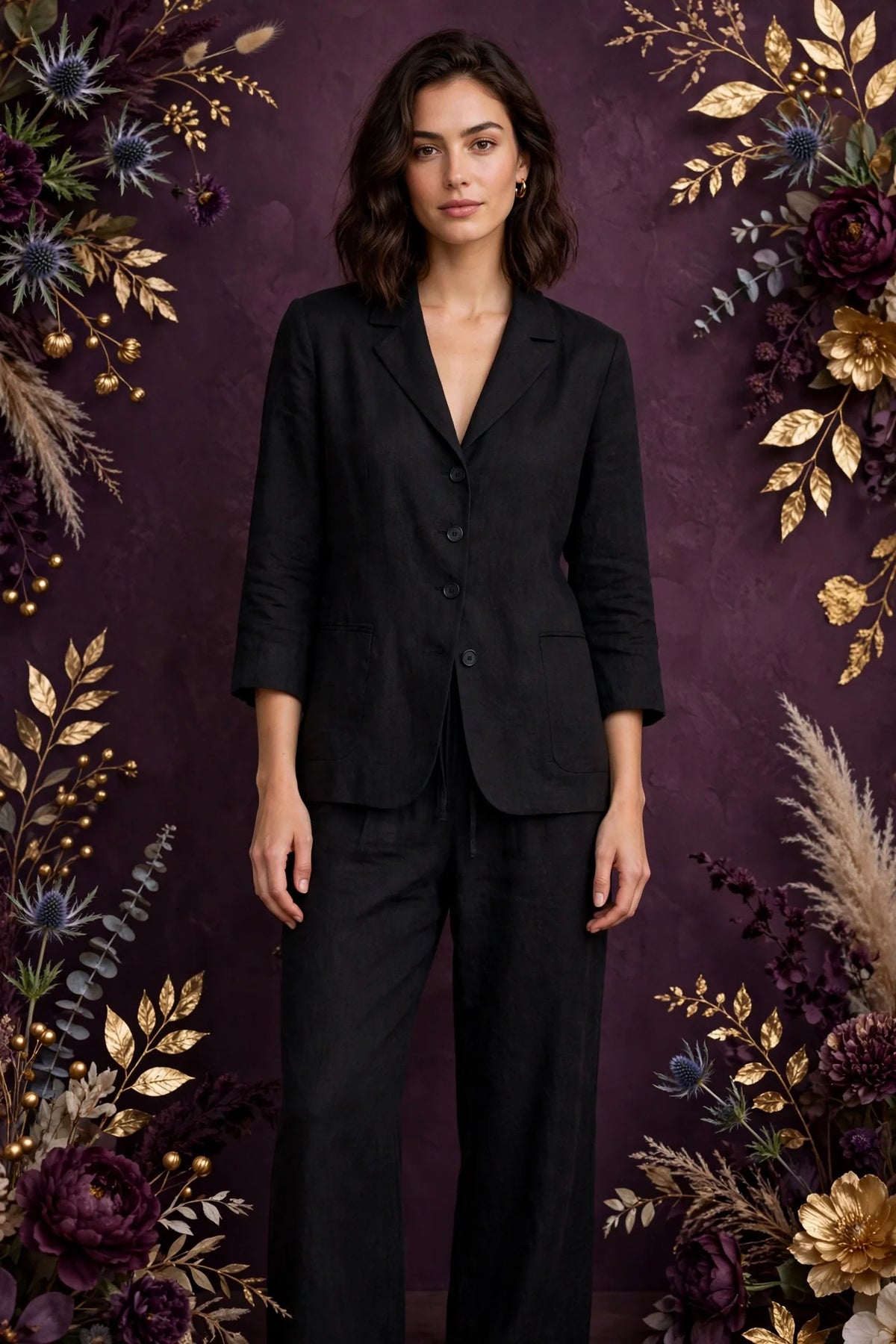 Person wearing Black Tailored Linen Co-Ord Set in Blush Cream
