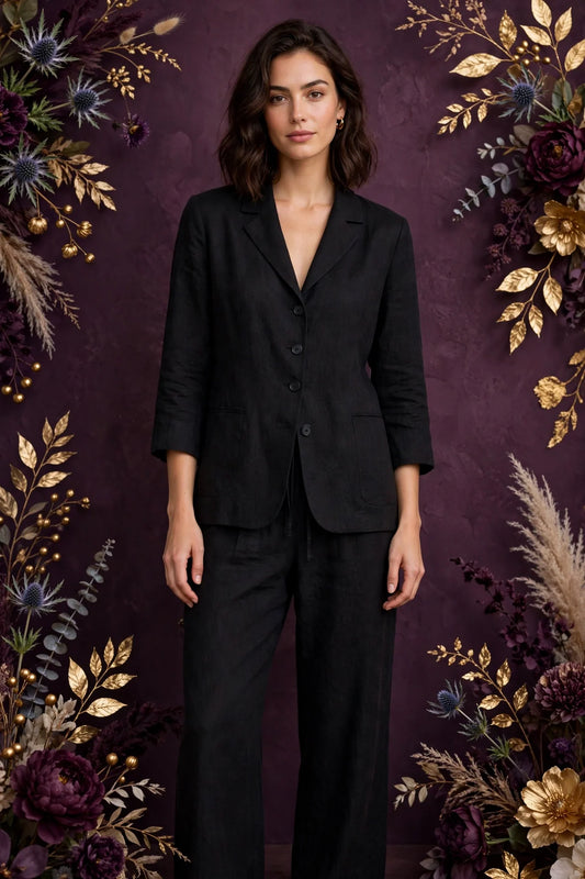 Person wearing Black Tailored Linen Co-Ord Set in Blush Cream