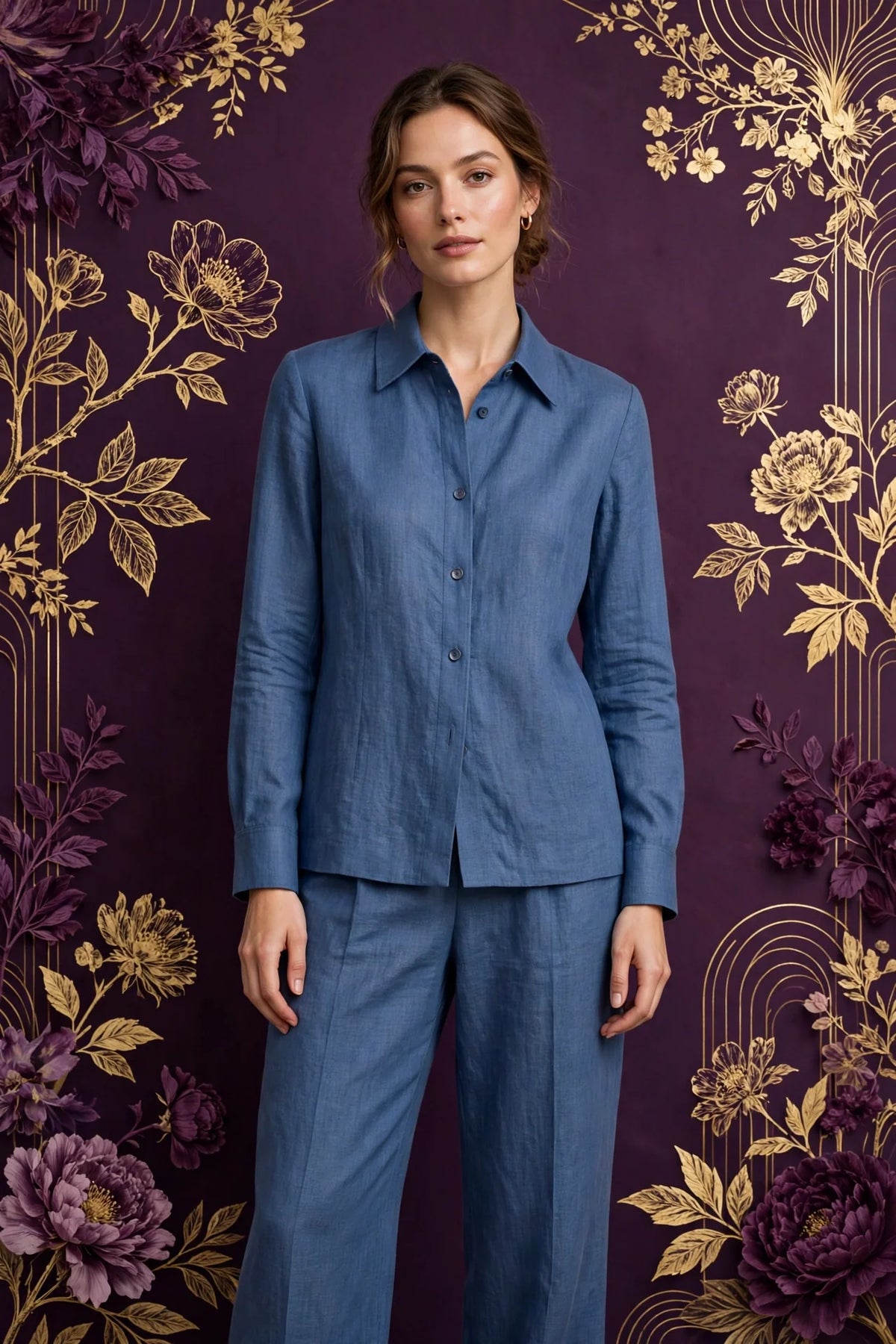 Person wearing Blue Tailored Linen Co-Ord Set in Blush Cream