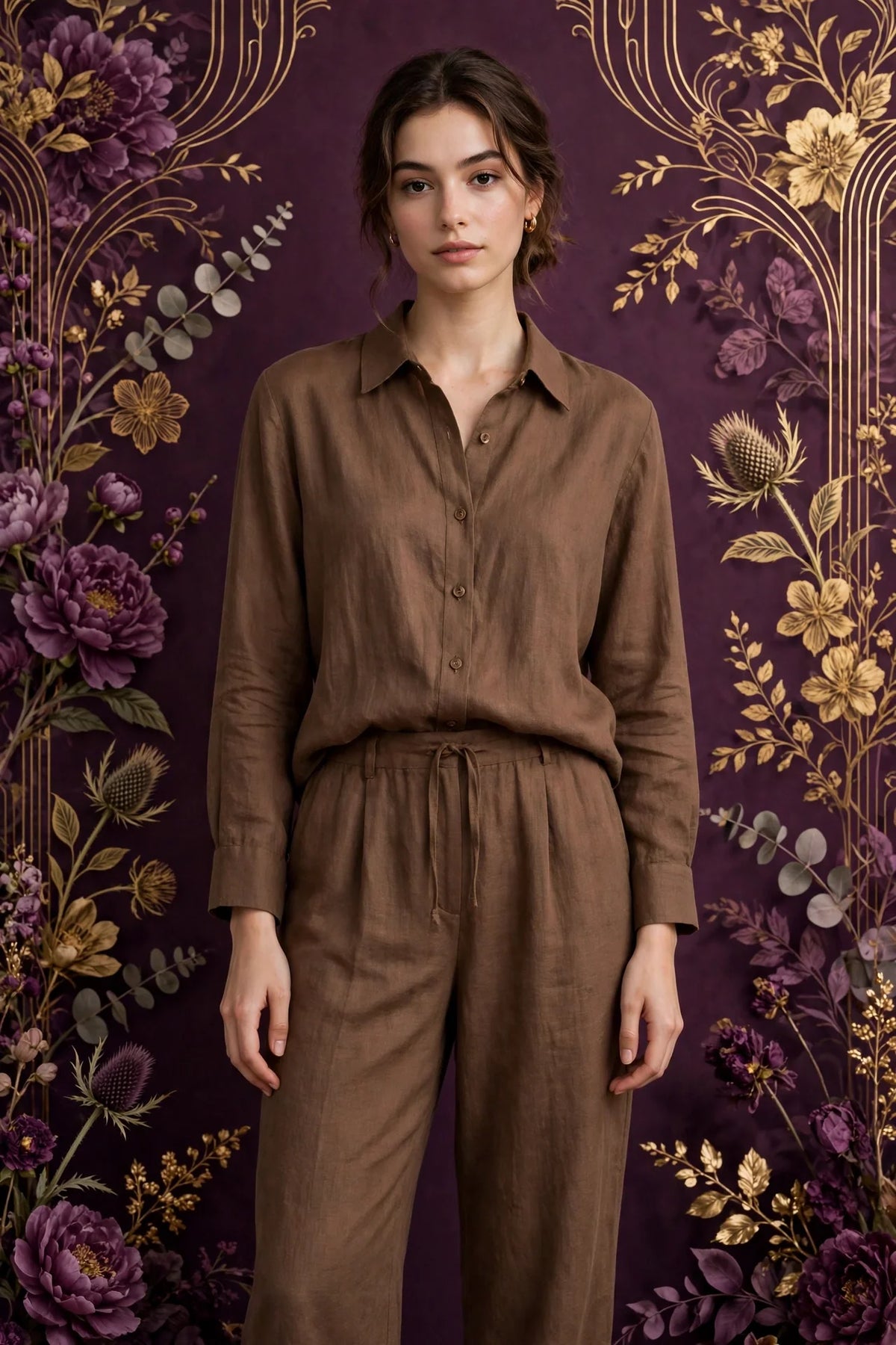 Person wearing Brown Tailored Linen Co-Ord Set in Blush Cream