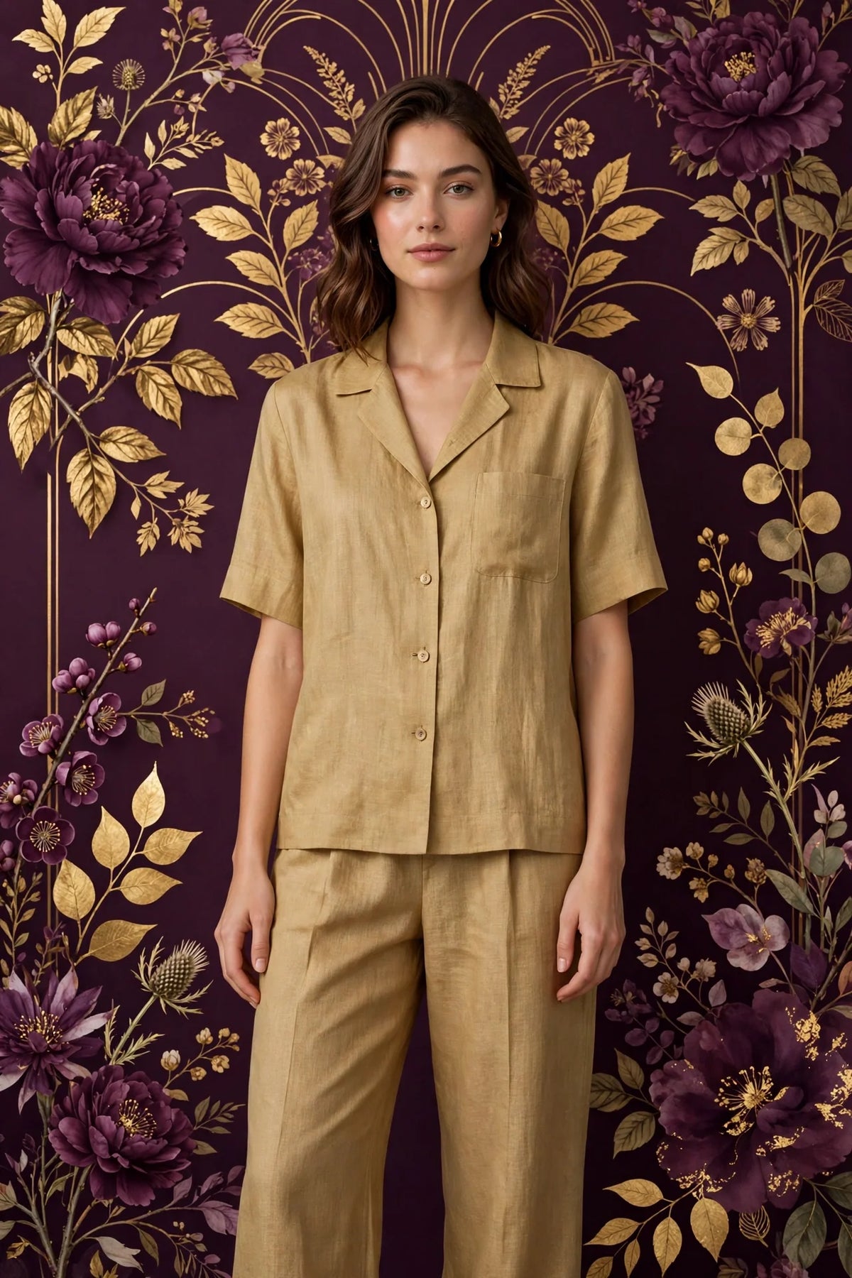 Person wearing Gold Tailored Linen Co-Ord Set in Blush Cream