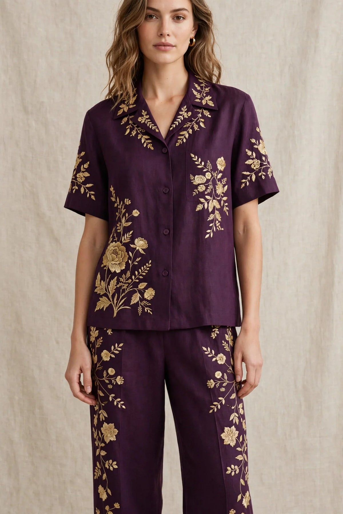 Person wearing Purple Tailored Linen Co-Ord Set in Blush Cream
