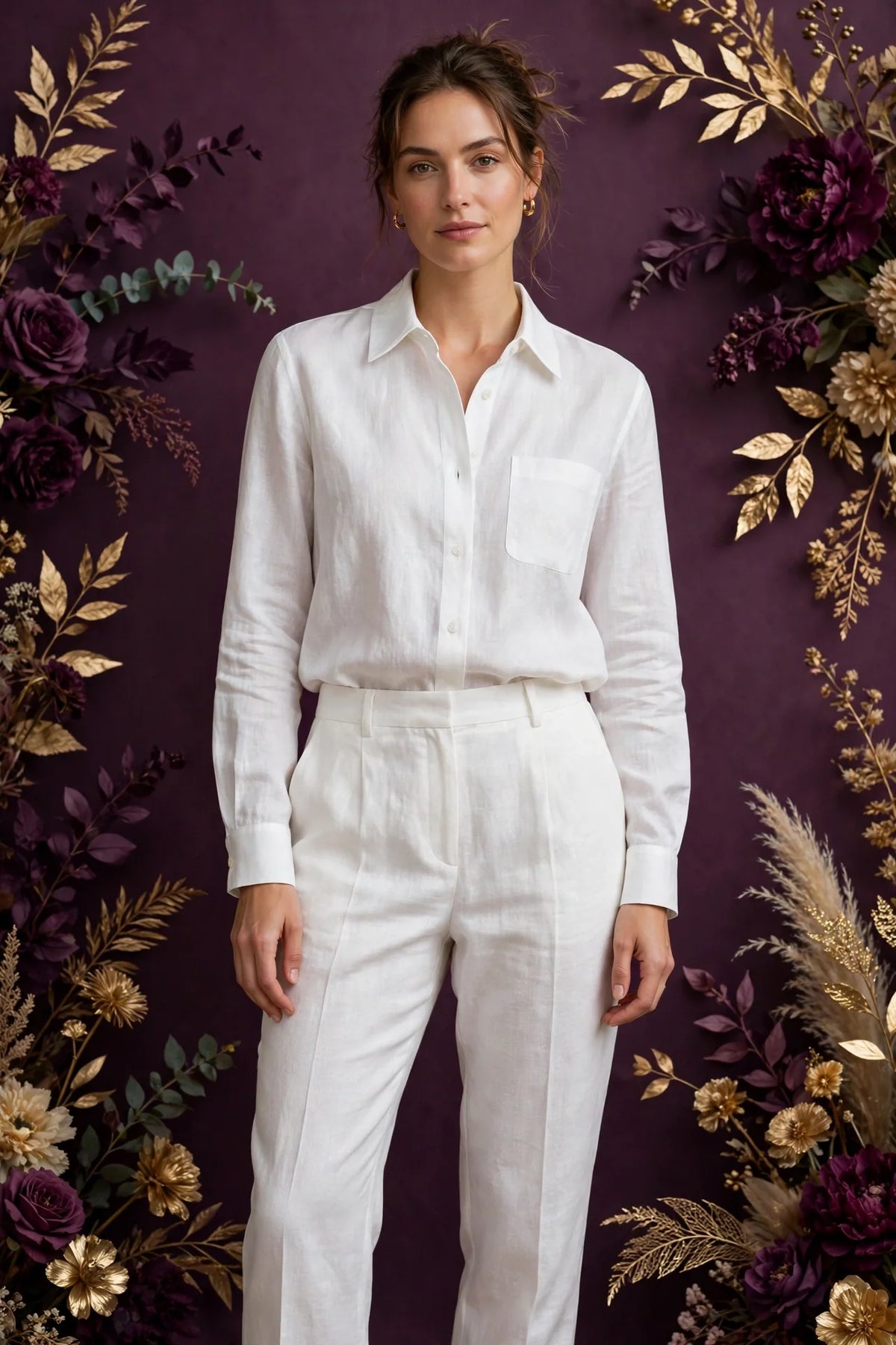 Person wearing White Tailored Linen Co-Ord Set in Blush Cream