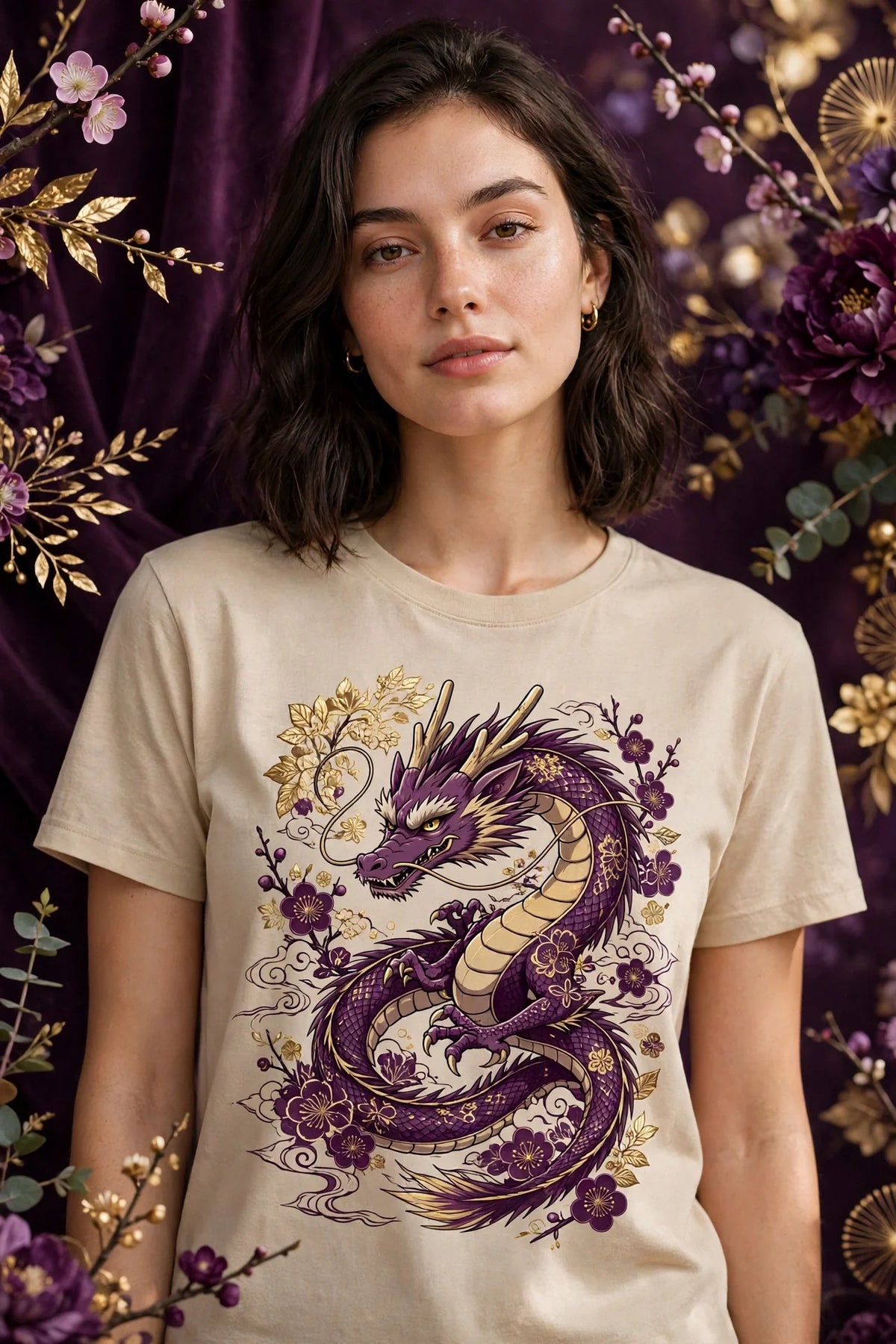 Person wearing Beige Anime Purple Gold Dragon T-Shirt
