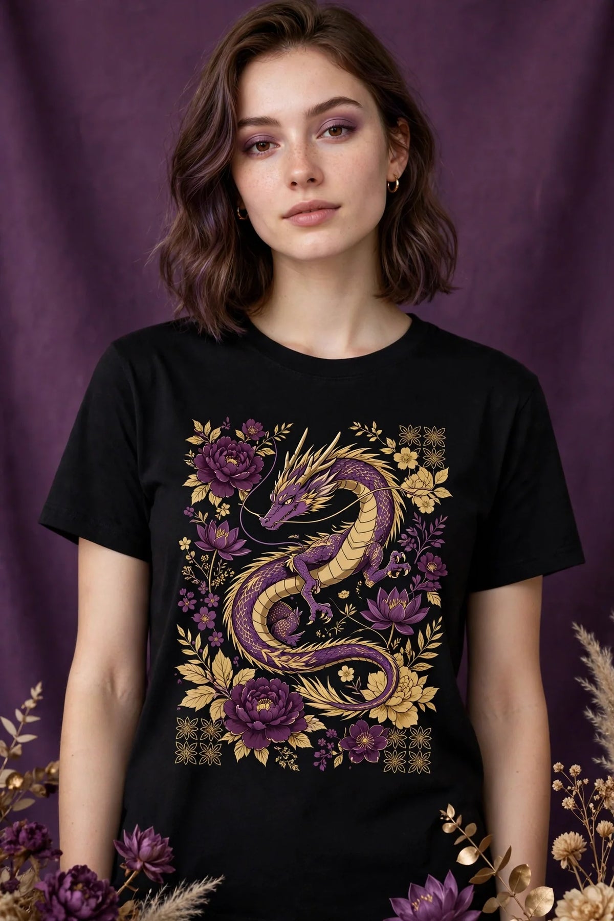 Person wearing Black Anime Purple Gold Dragon T-Shirt