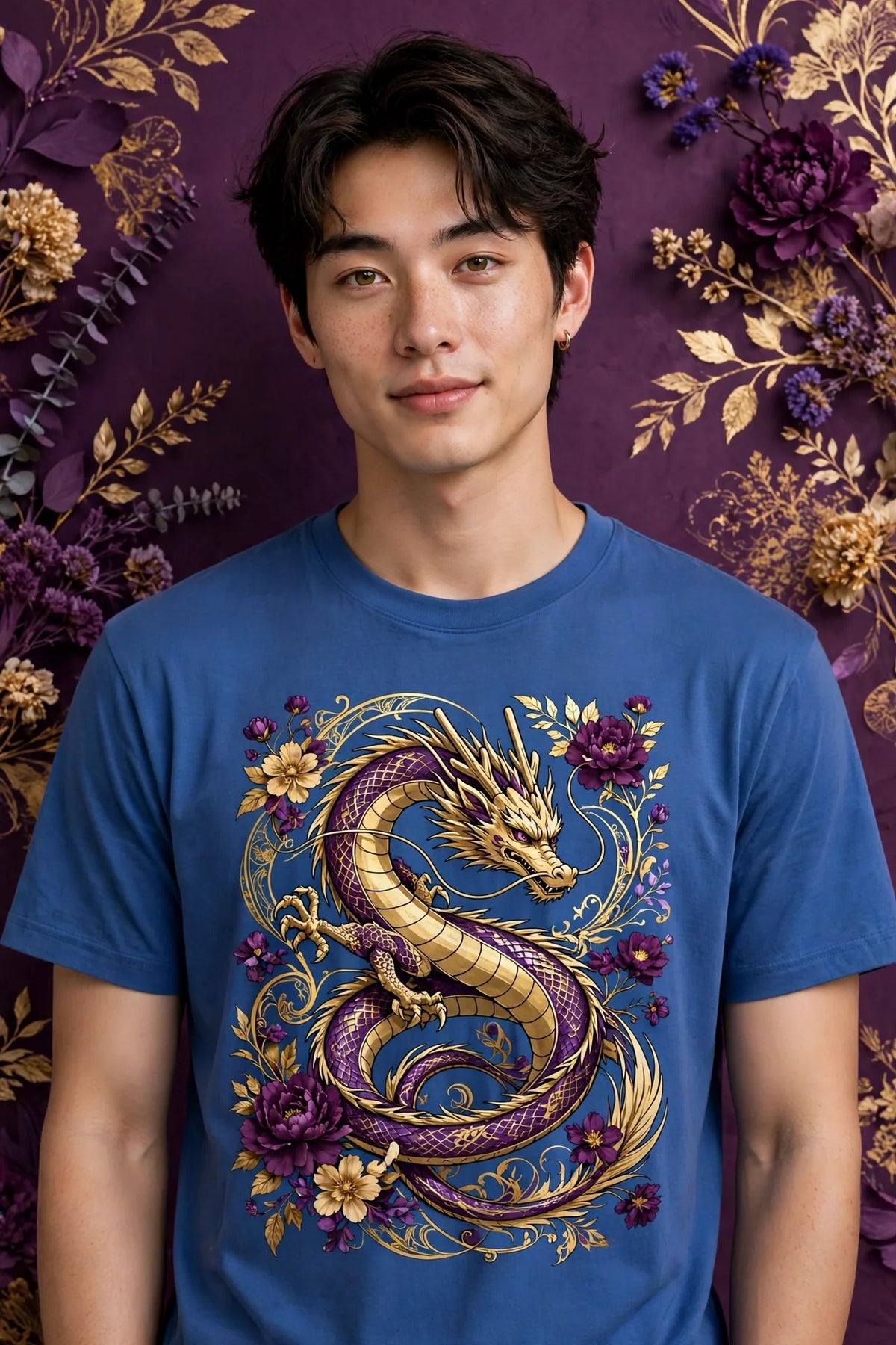 Person wearing Blue Anime Purple Gold Dragon T-Shirt