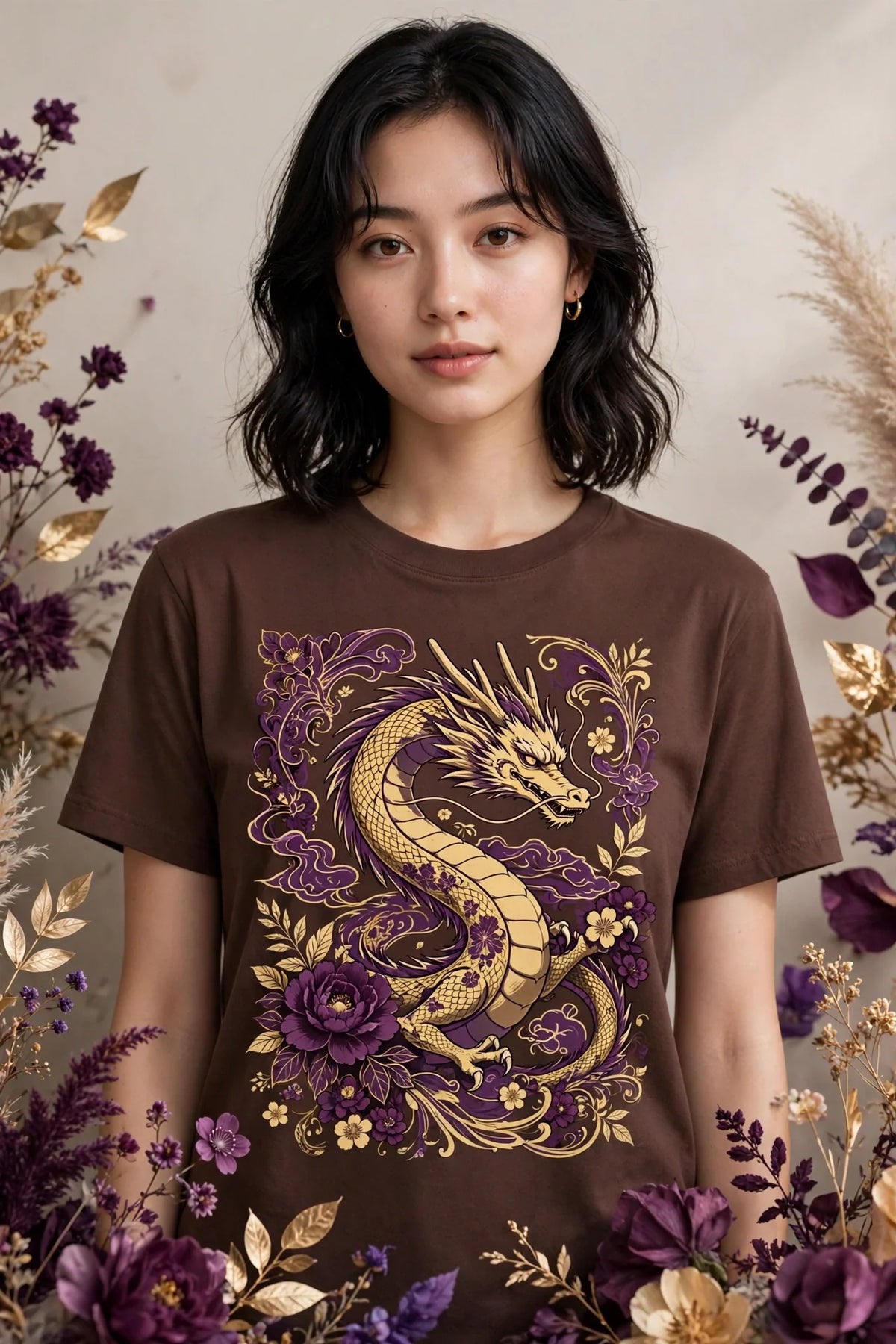 Person wearing Brown Anime Purple Gold Dragon T-Shirt