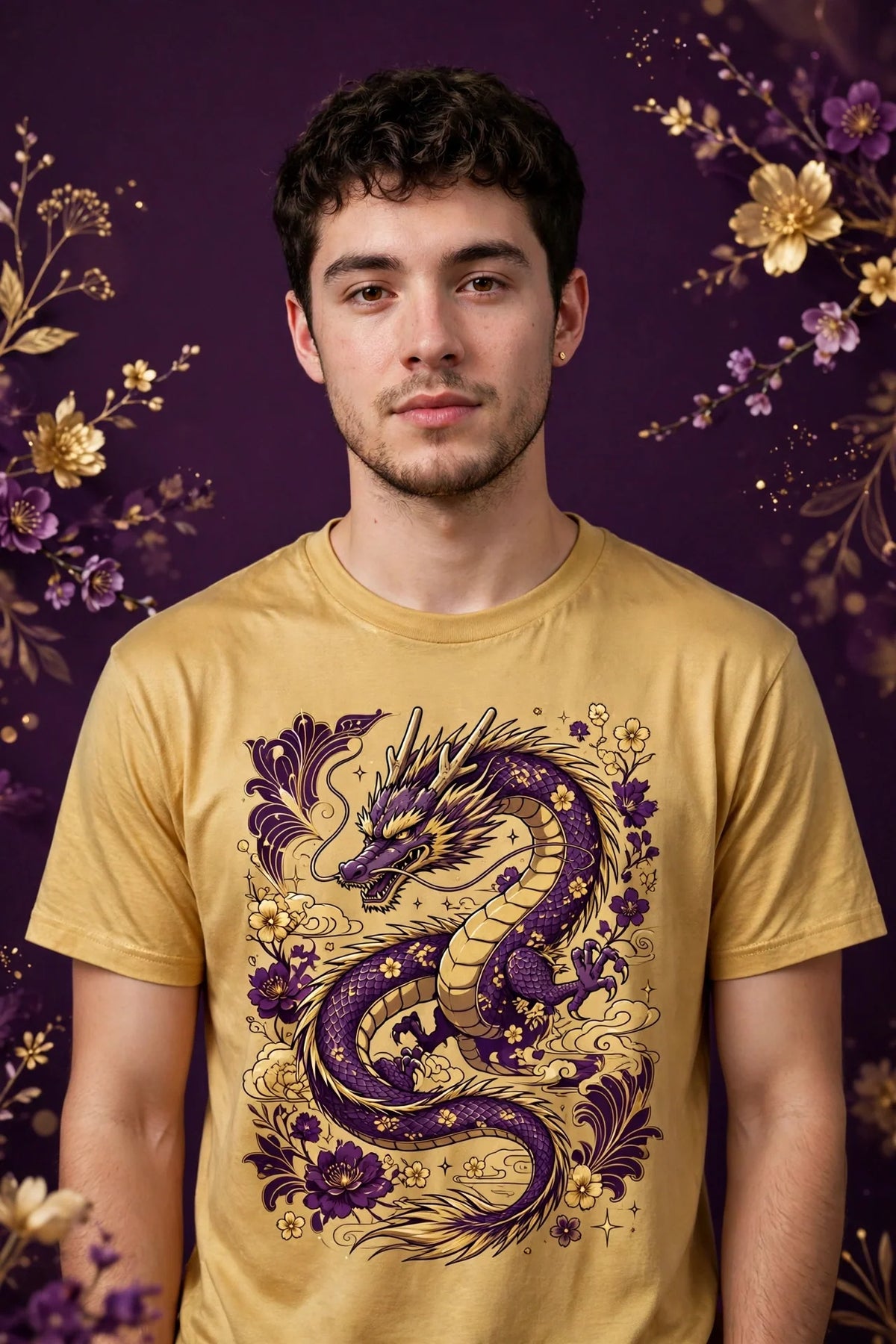 Person wearing Gold Anime Purple Gold Dragon T-Shirt