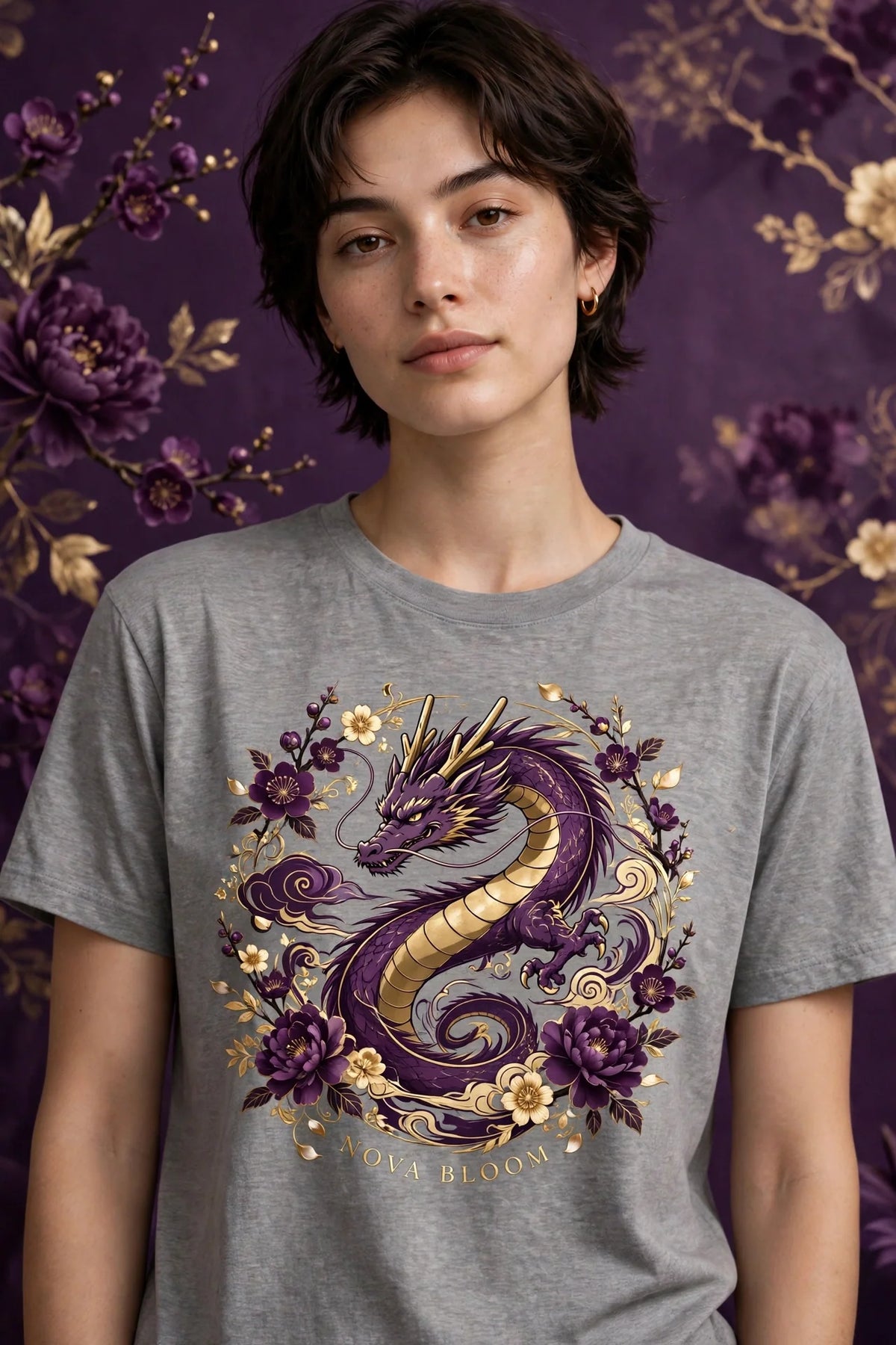 Person wearing Grey Anime Purple Gold Dragon T-Shirt