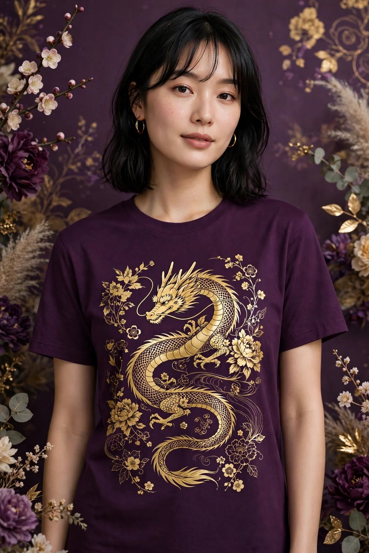 Person wearing Purple Anime Purple Gold Dragon T-Shirt