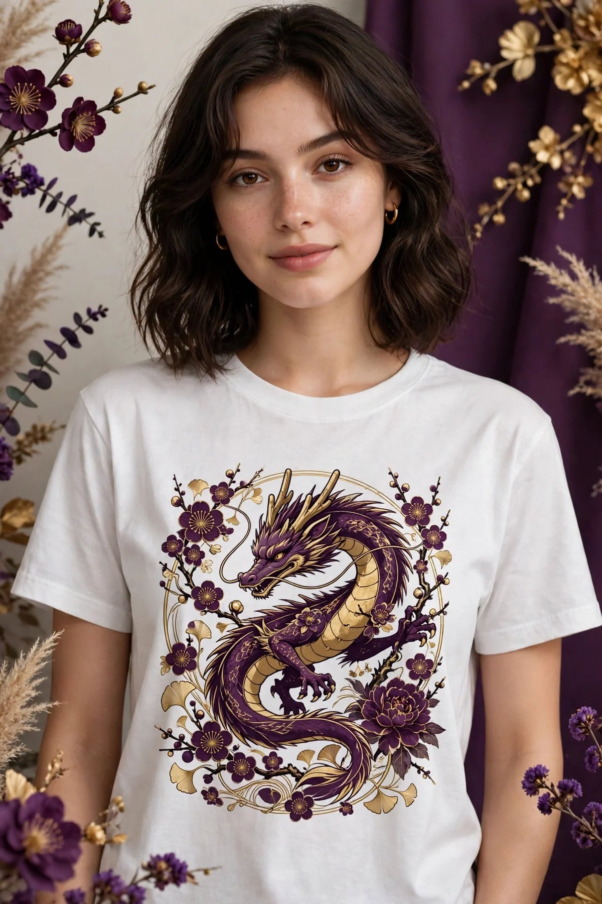 Person wearing White Anime Purple Gold Dragon T-Shirt
