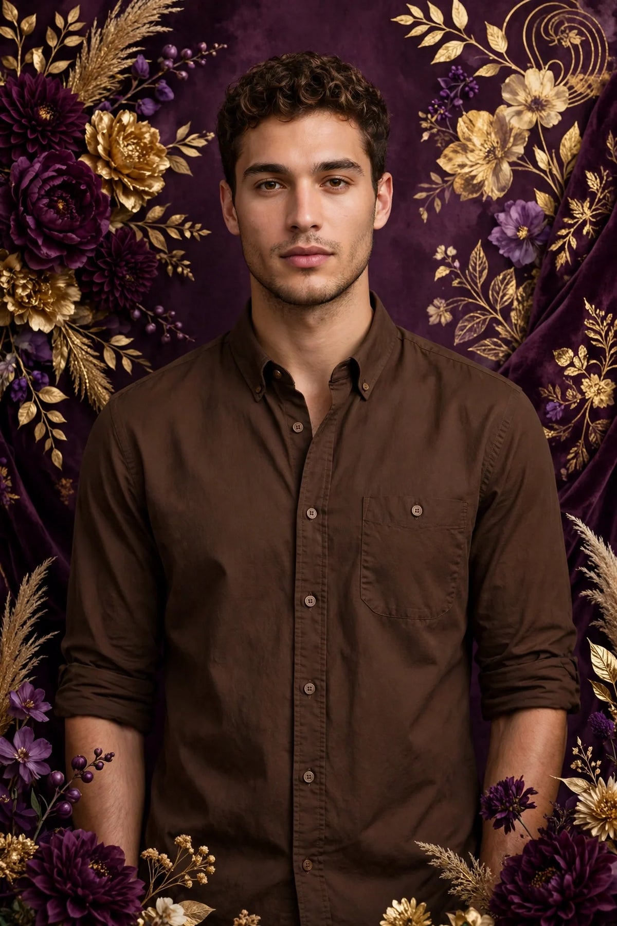 Person wearing Brown Espresso Tone Button-Up Shirt