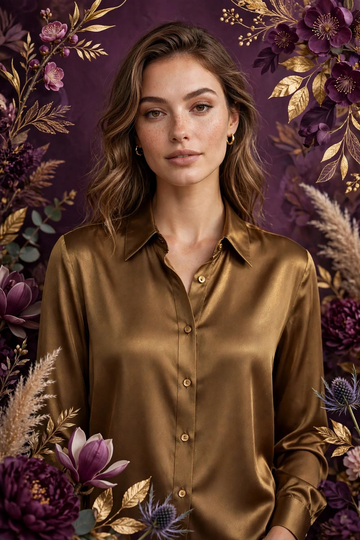 Person wearing Gold Espresso Tone Button-Up Shirt