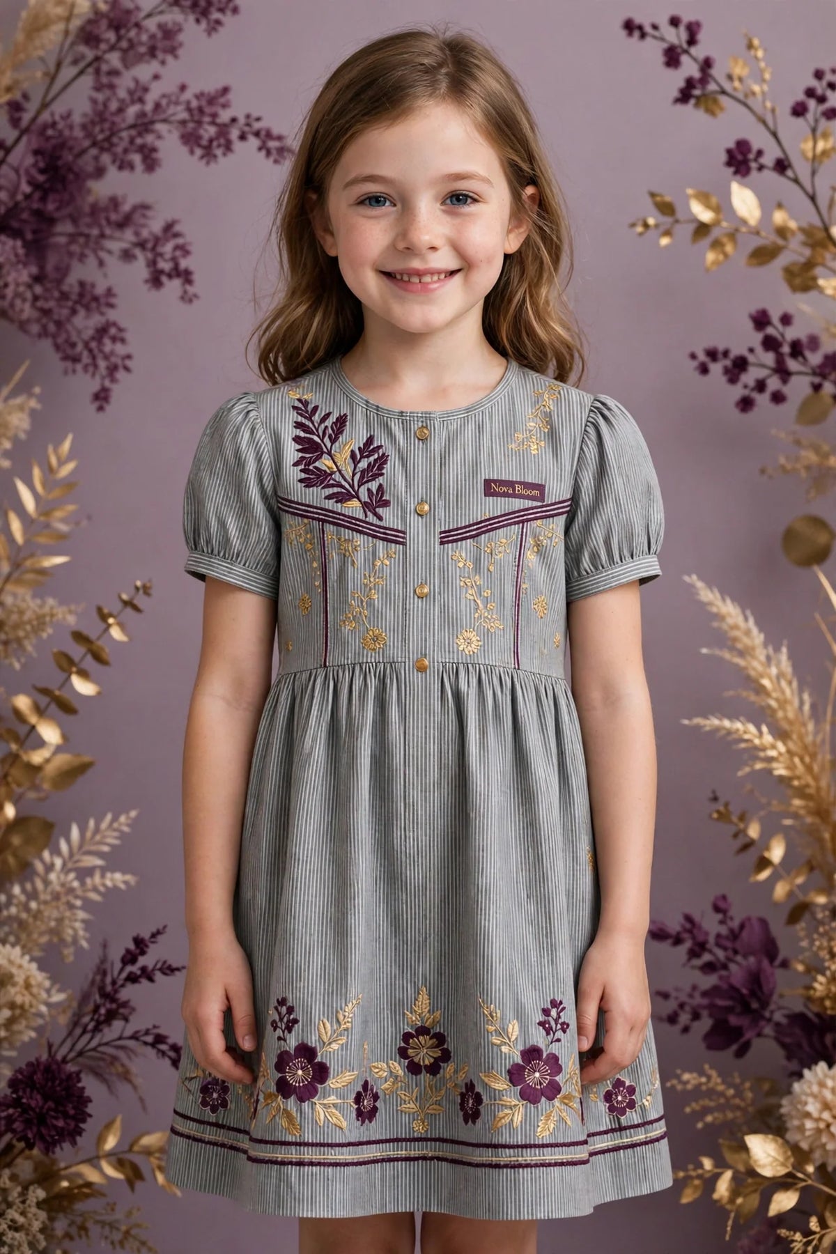 Girl wearing Grey Kids Striped Dress