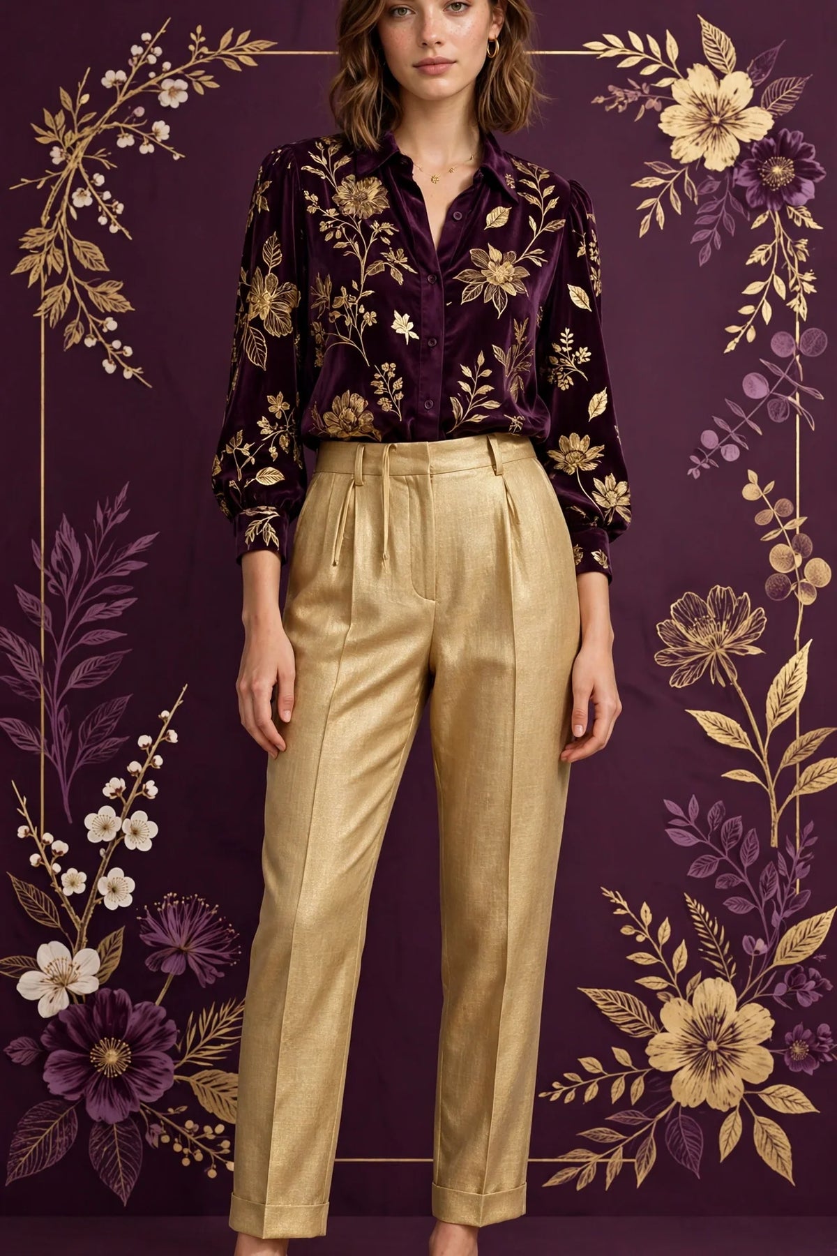 Person wearing Gold Oat linen tailored pants