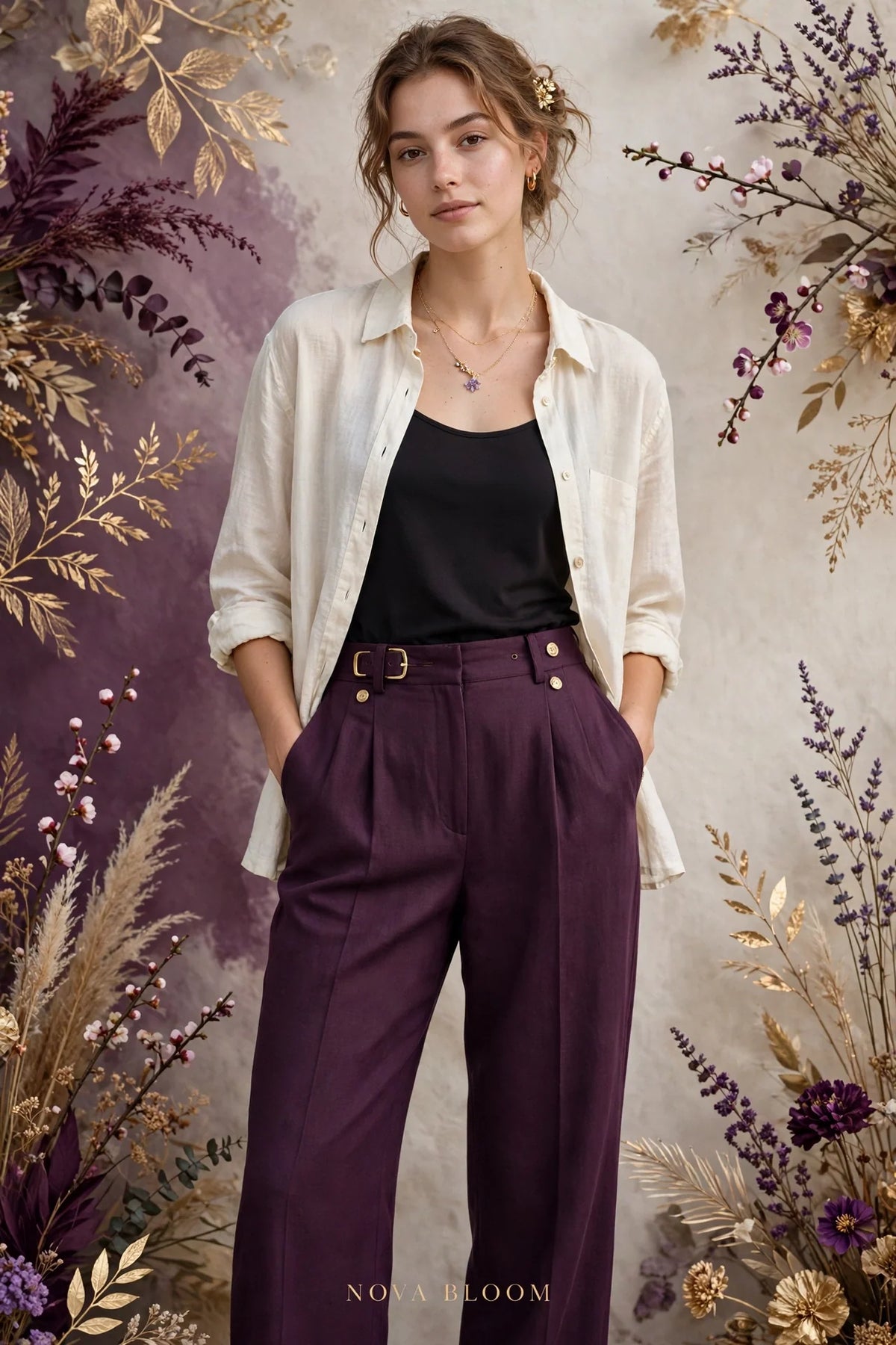 Person wearing Purple Oat linen tailored pants