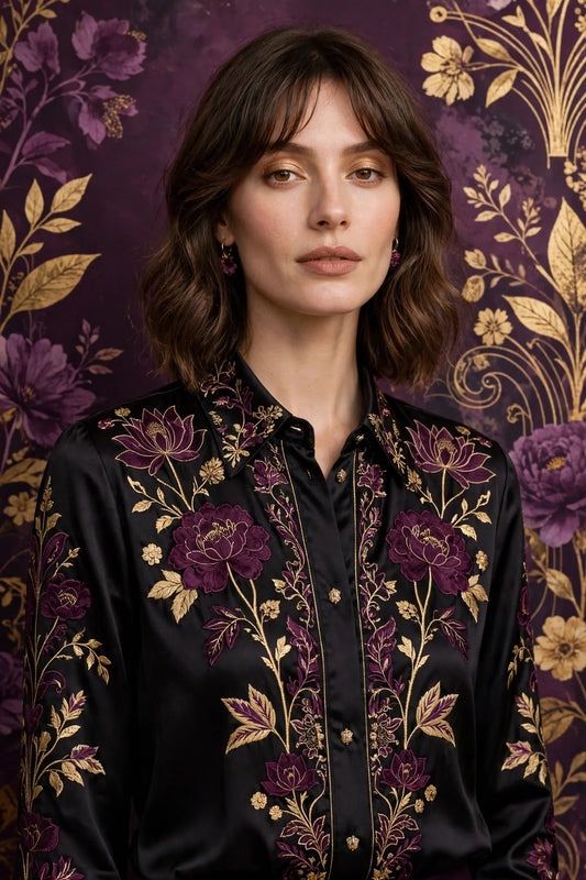 Person wearing Black Plum Satin Blouse