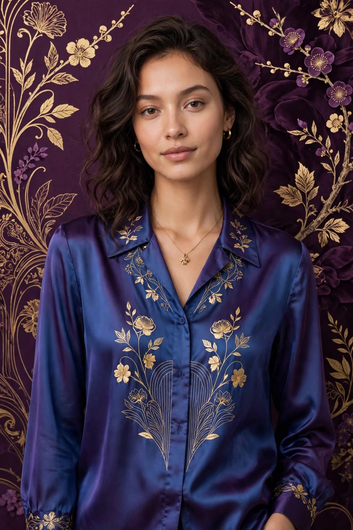 Person wearing Blue Plum Satin Blouse