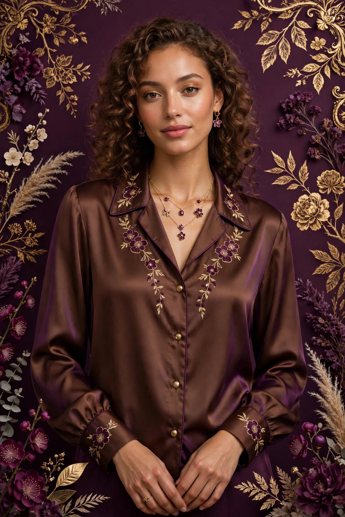 Person wearing Brown Plum Satin Blouse