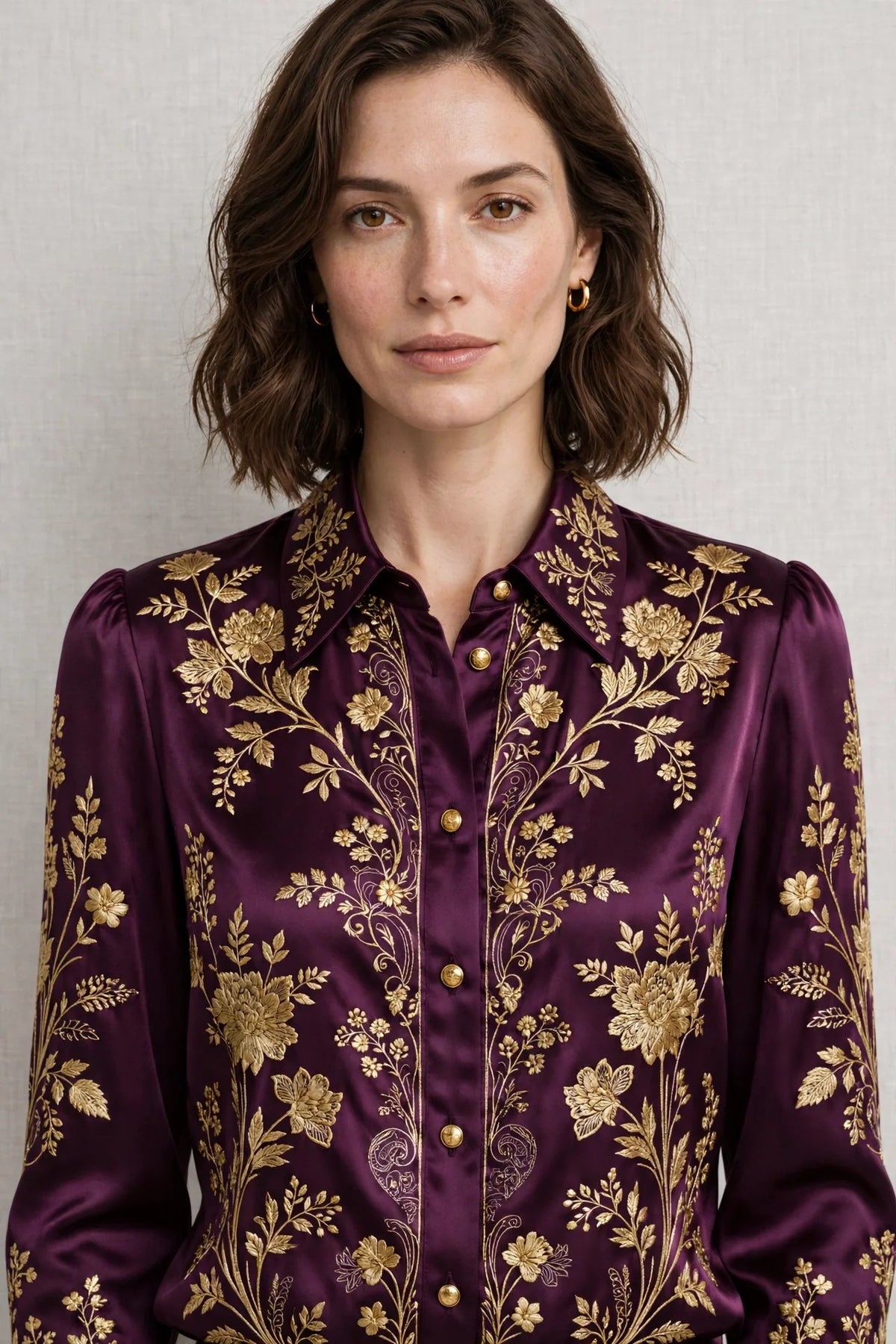 Person wearing Gold Plum Satin Blouse