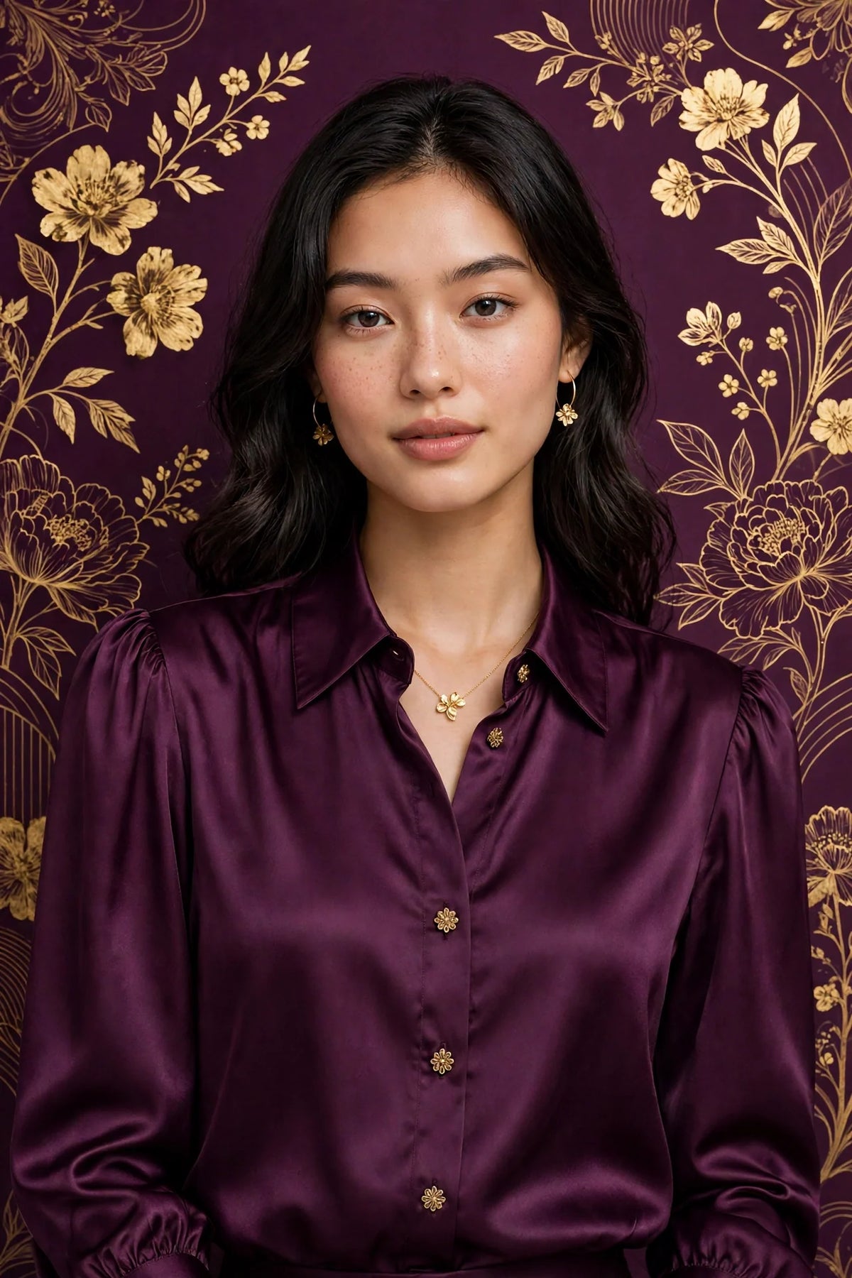 Person wearing Purple Plum Satin Blouse