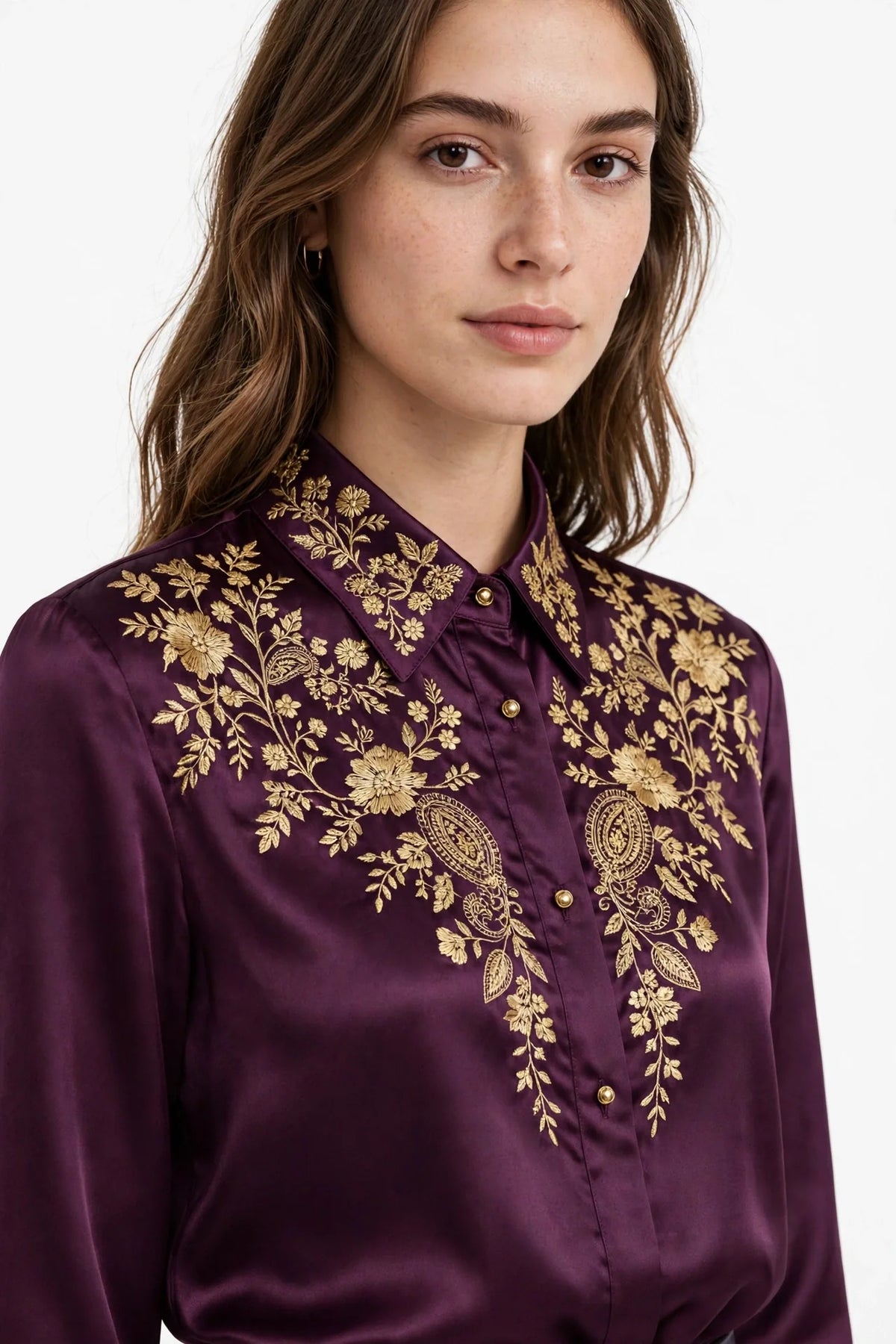 Person wearing White Plum Satin Blouse