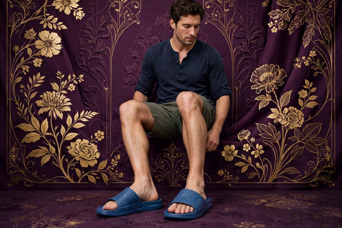 Man wearing Blue Men's Slide Sandals