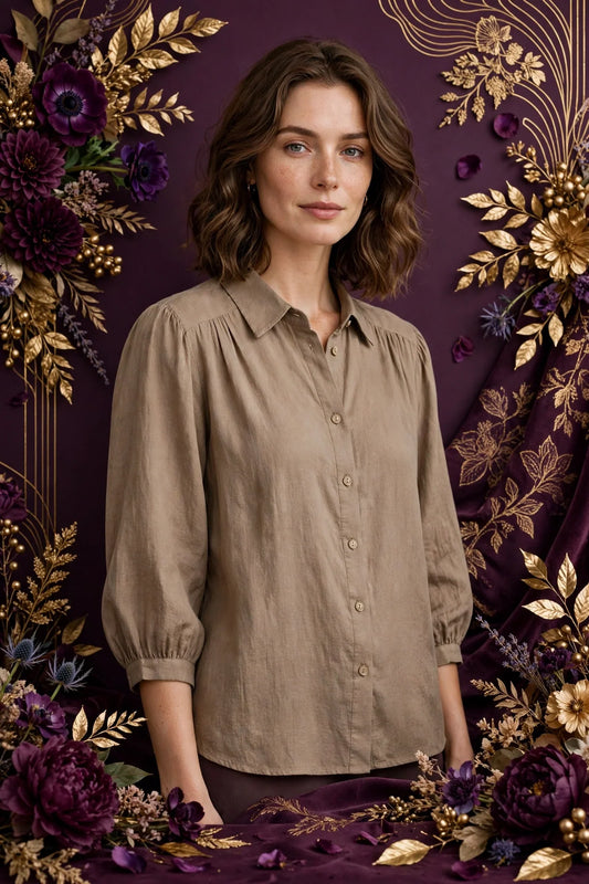 Person wearing Beige Earthy Taupe Blouse