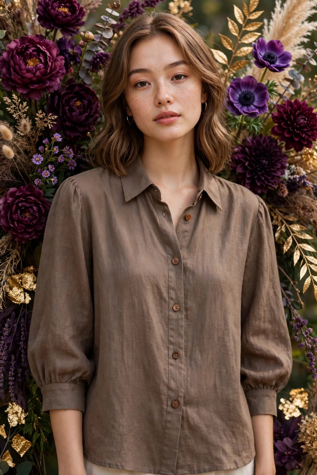 Person wearing Brown Earthy Taupe Blouse