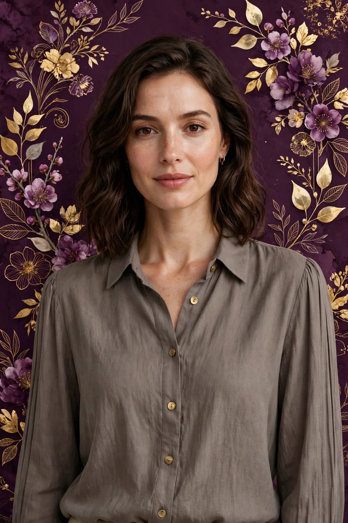 Person wearing Grey Earthy Taupe Blouse